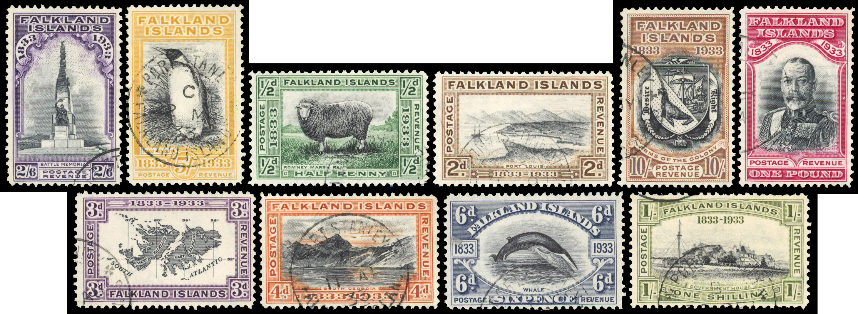 1933 Centenary values to £1 (less 1d, 1½d), all part cds used