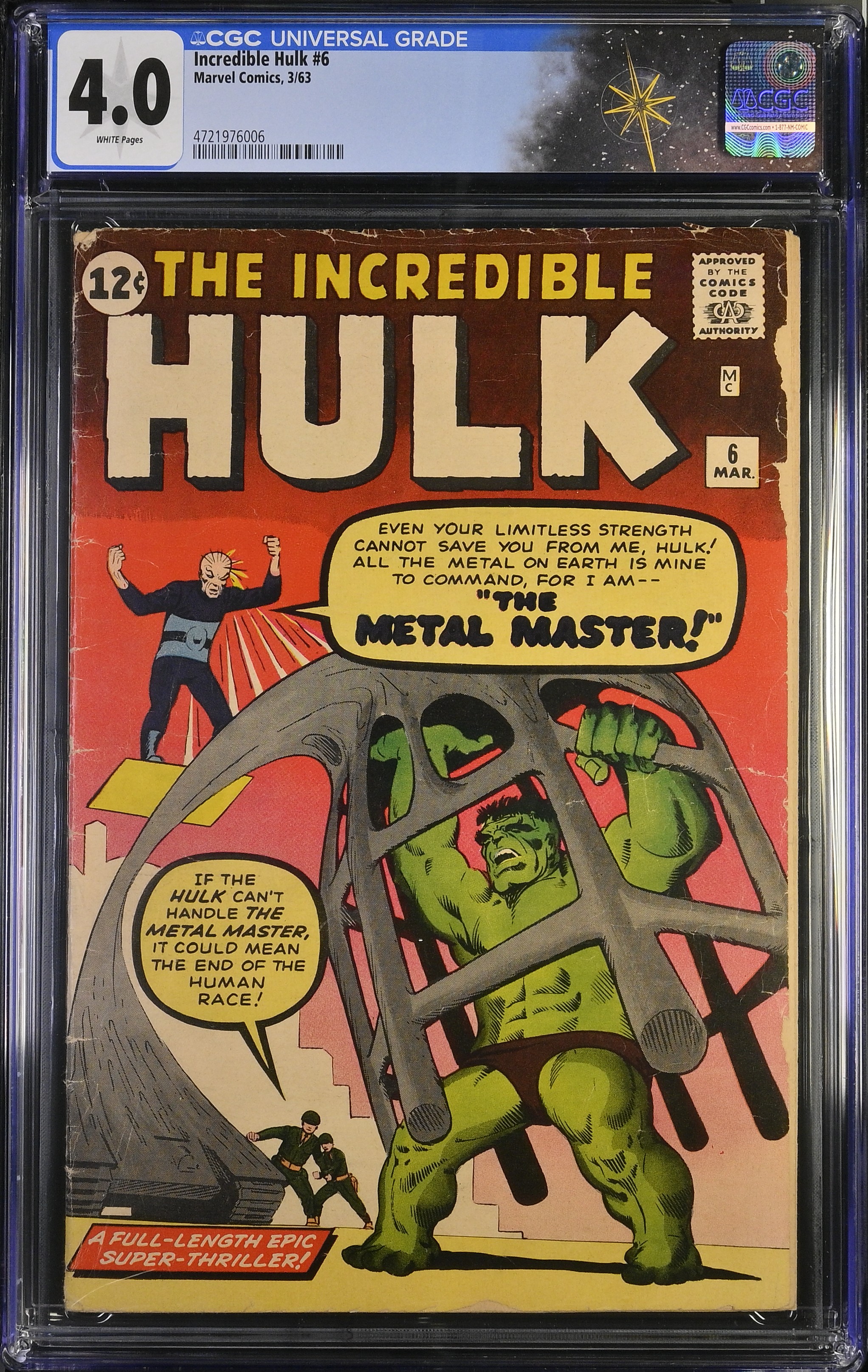 Incredible Hulk #6 CGC 4.0 1st Appearance of the Teen Brigade & the Metal Master (Marvel Comics, 1963) White Pages