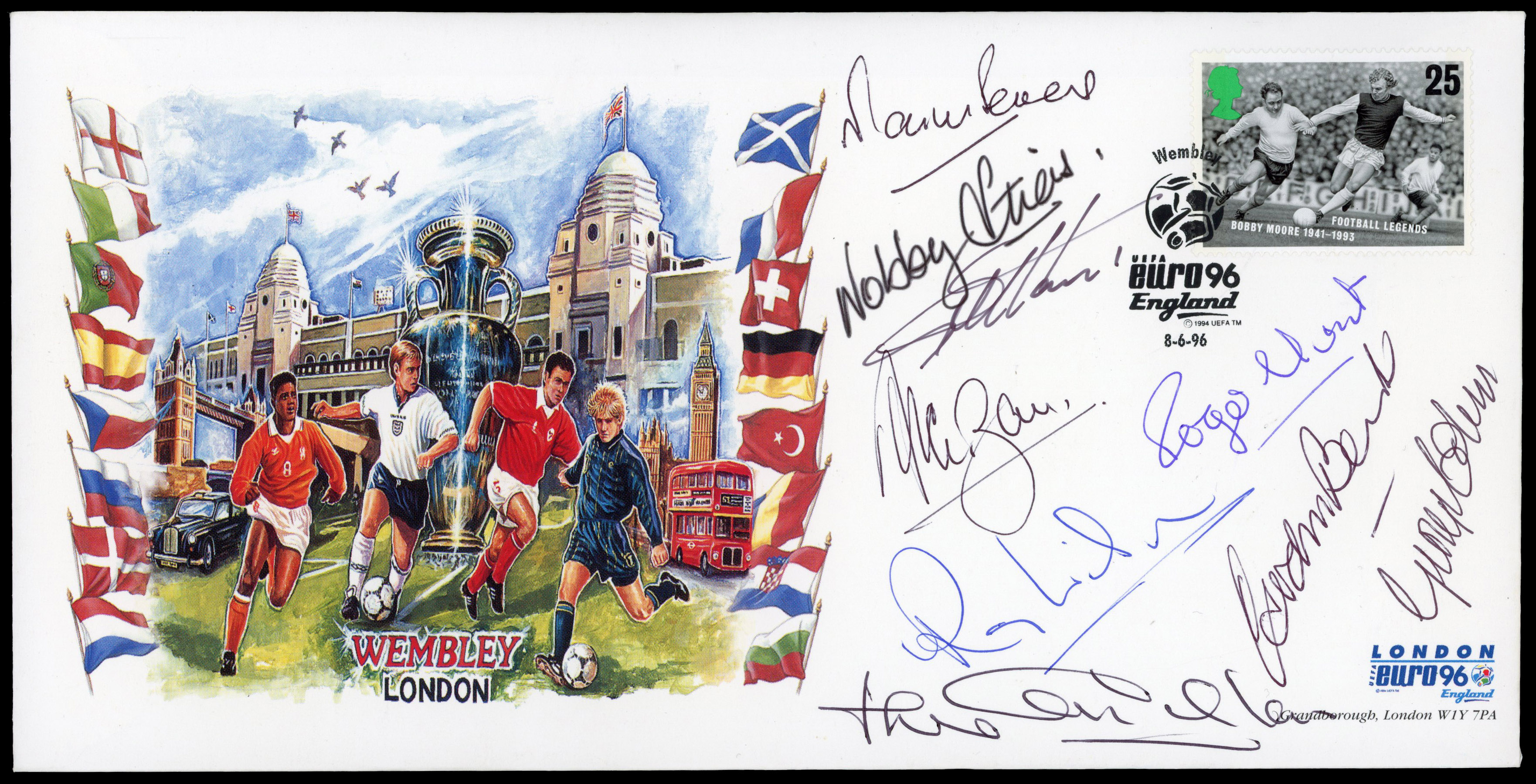 GB 1966 World Cup winners on 1996 Euros commemorative envelope bearing nine signatures