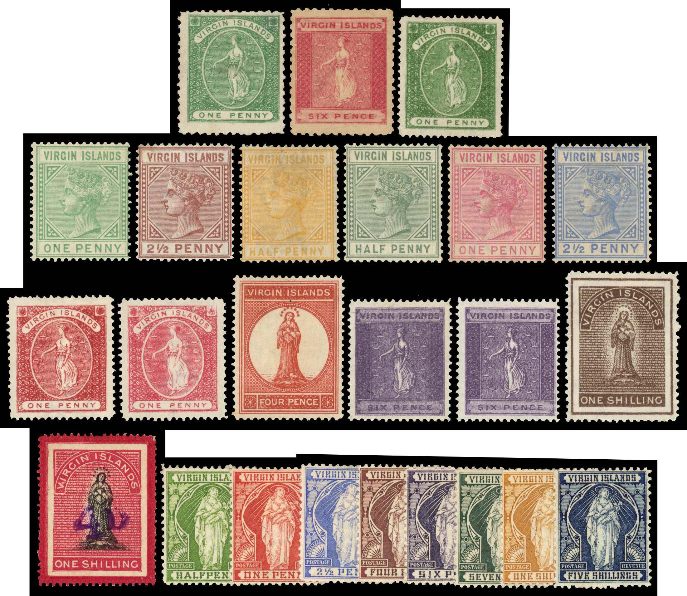 VIRGIN IS: Mint on stockcards including 1866 1d, 6d, 1878 1d wmk upright, 1879 1d and 2½d, 1883 to 2½d, 1887 to 1s