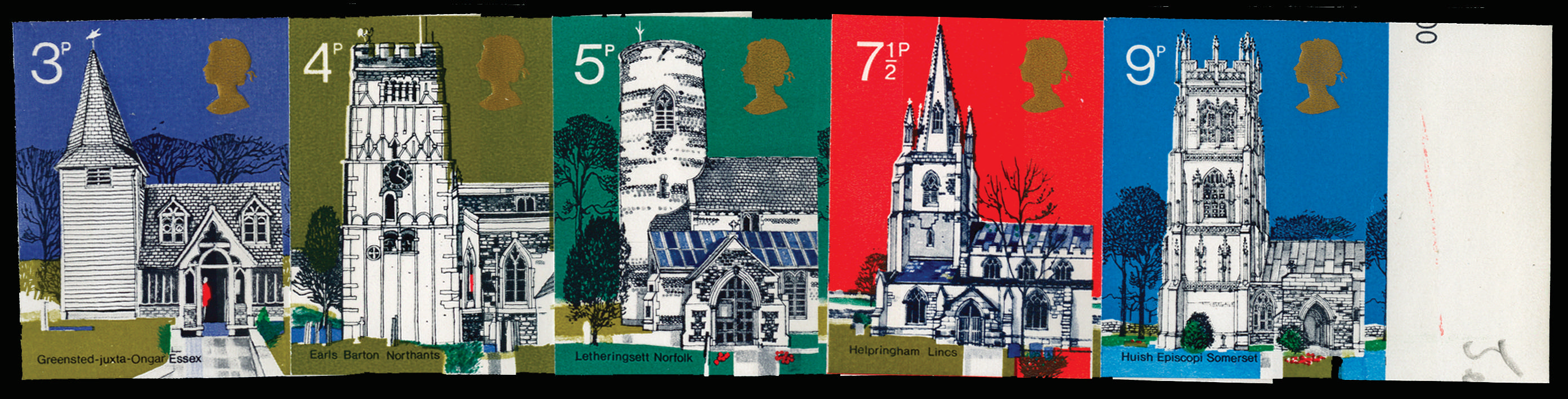 GB 1972 3p-9p British Architecture (Village churches). Superb unmounted o.g right hand marginal set of … SG904/08var
