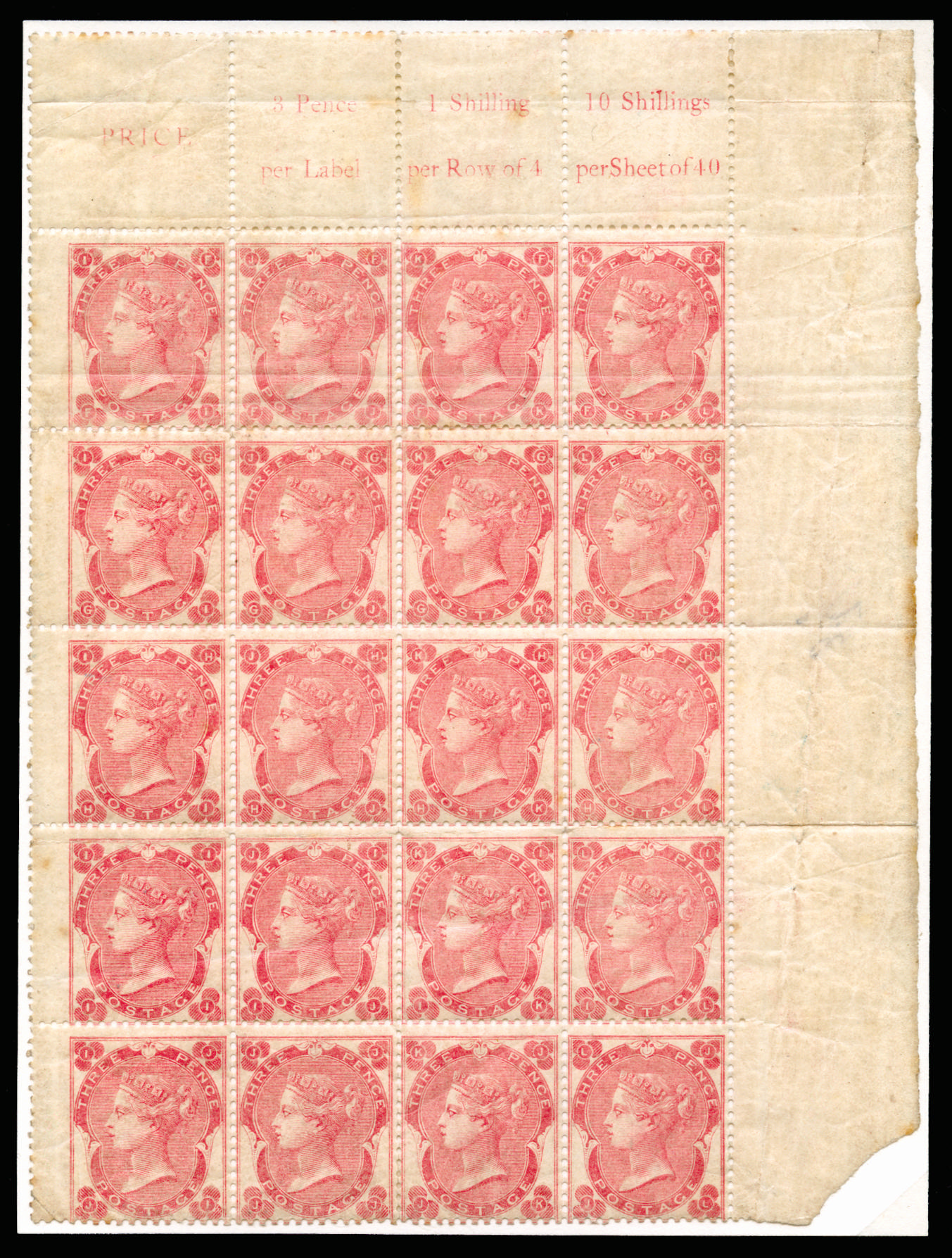 GB SG 77 1862 3d pane of twenty mint