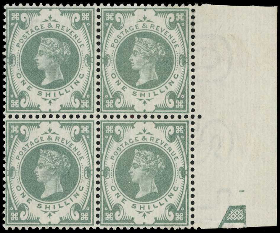 1887 1/- green right marginal block of four...