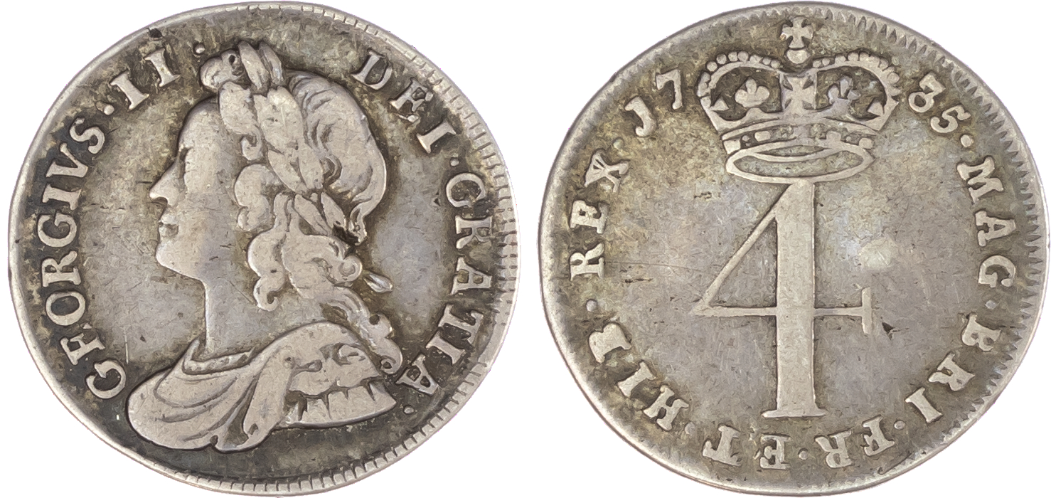 George II (1727-60), Maundy Set, 1735, Fourpence, Threepence, Twopence, Penny, young laureate bust left, toothed border