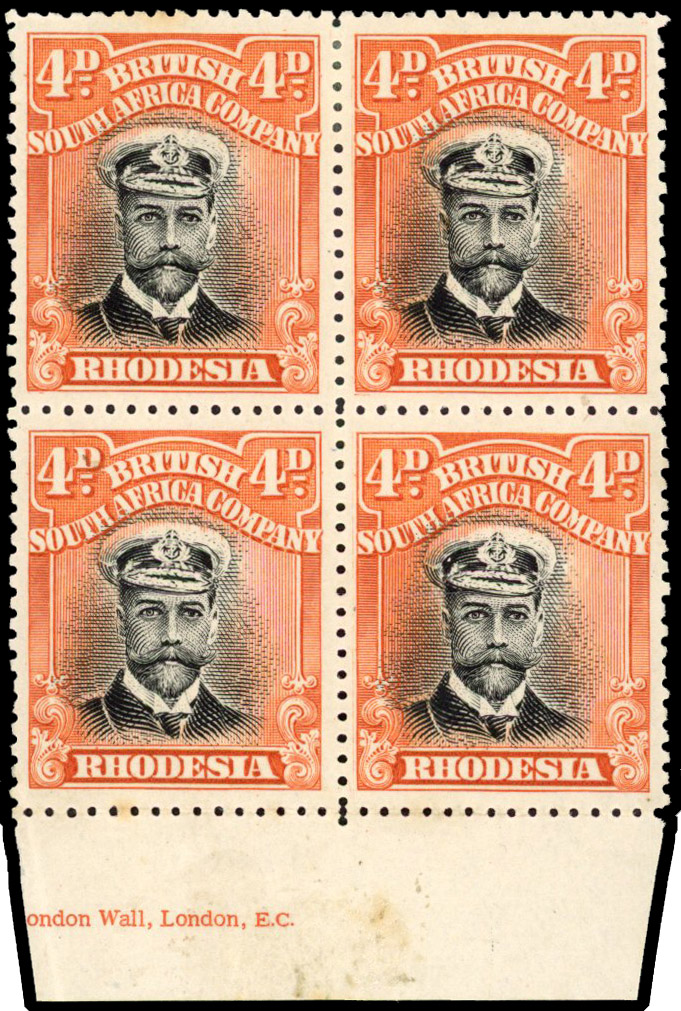 Rhodesia SG 216 1913-19 4d die I perf 15 imprint block mint