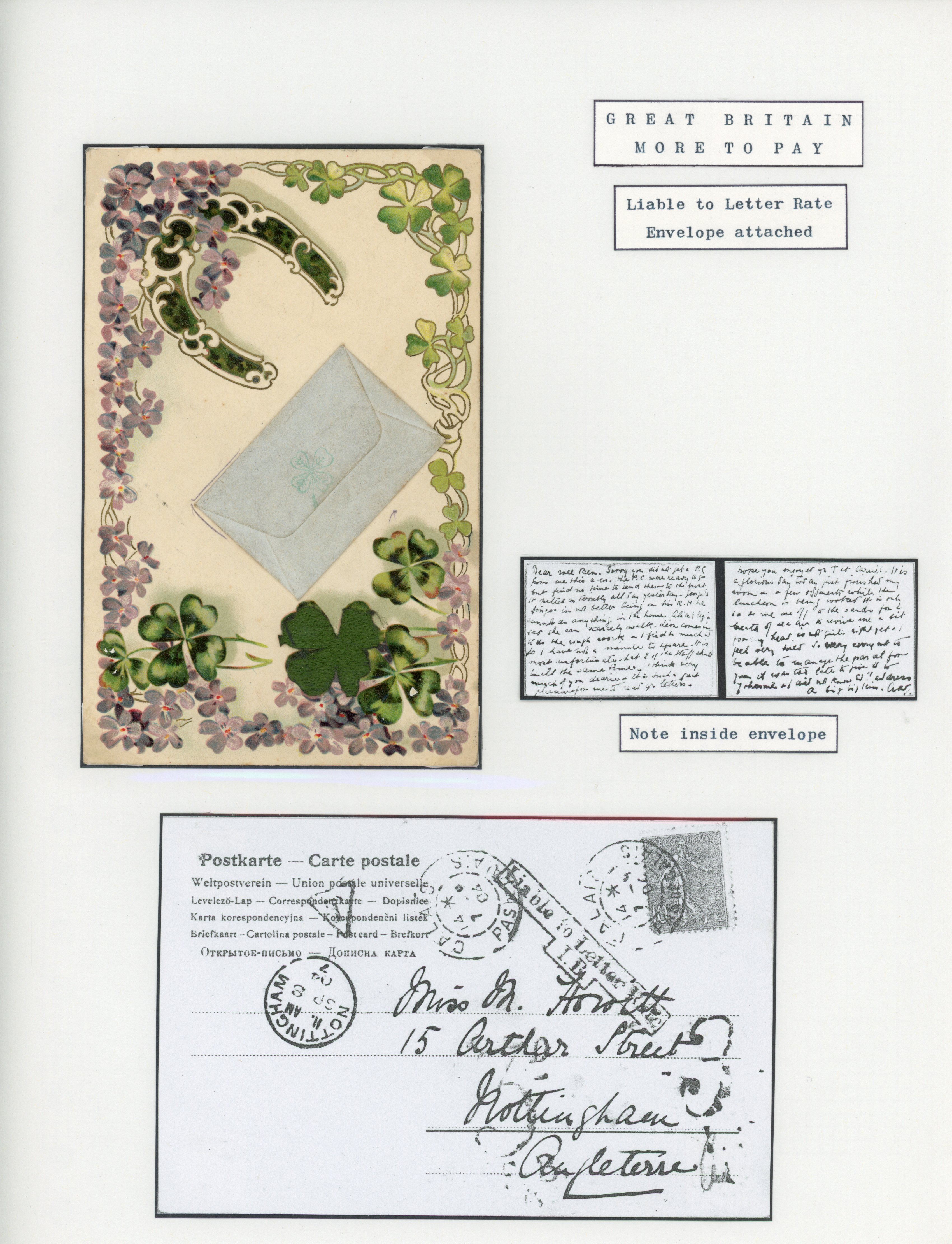 France 1904 novelty postcard to Nottingham with an envelope attached