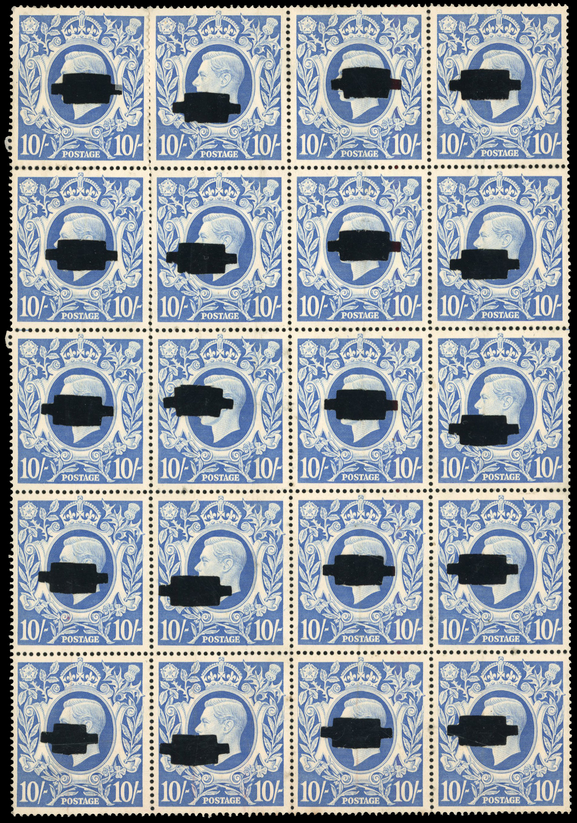1942 10s Ultramarine block with Training School punches mint (SG478b)