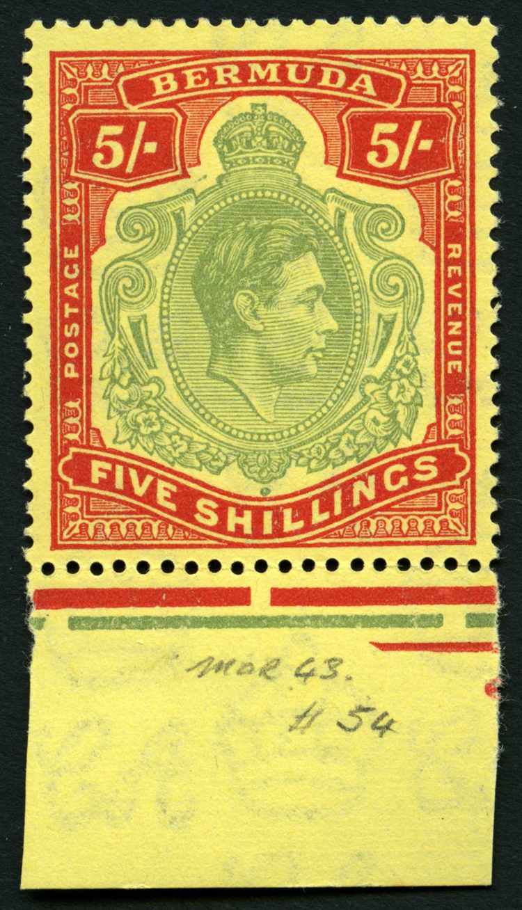 Bermuda 1943 (Mar.) 5/- pale bluish green and carmine-red on pale yellow paper, with HPF #54 dented scroll. SG 118d
