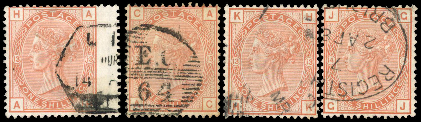 1880-1881 1s Orange-brown Pl.13 & Pl.14 (Wmk. Spray & Wmk. Crown). used group of four.