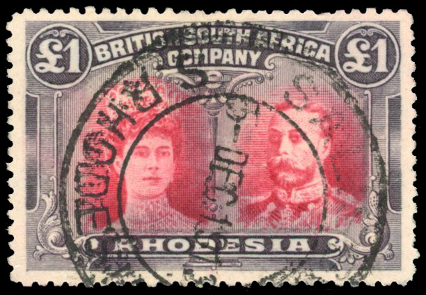 Rhodesia 1910-13 £1 bright carmine and bluish slate perf 14 used