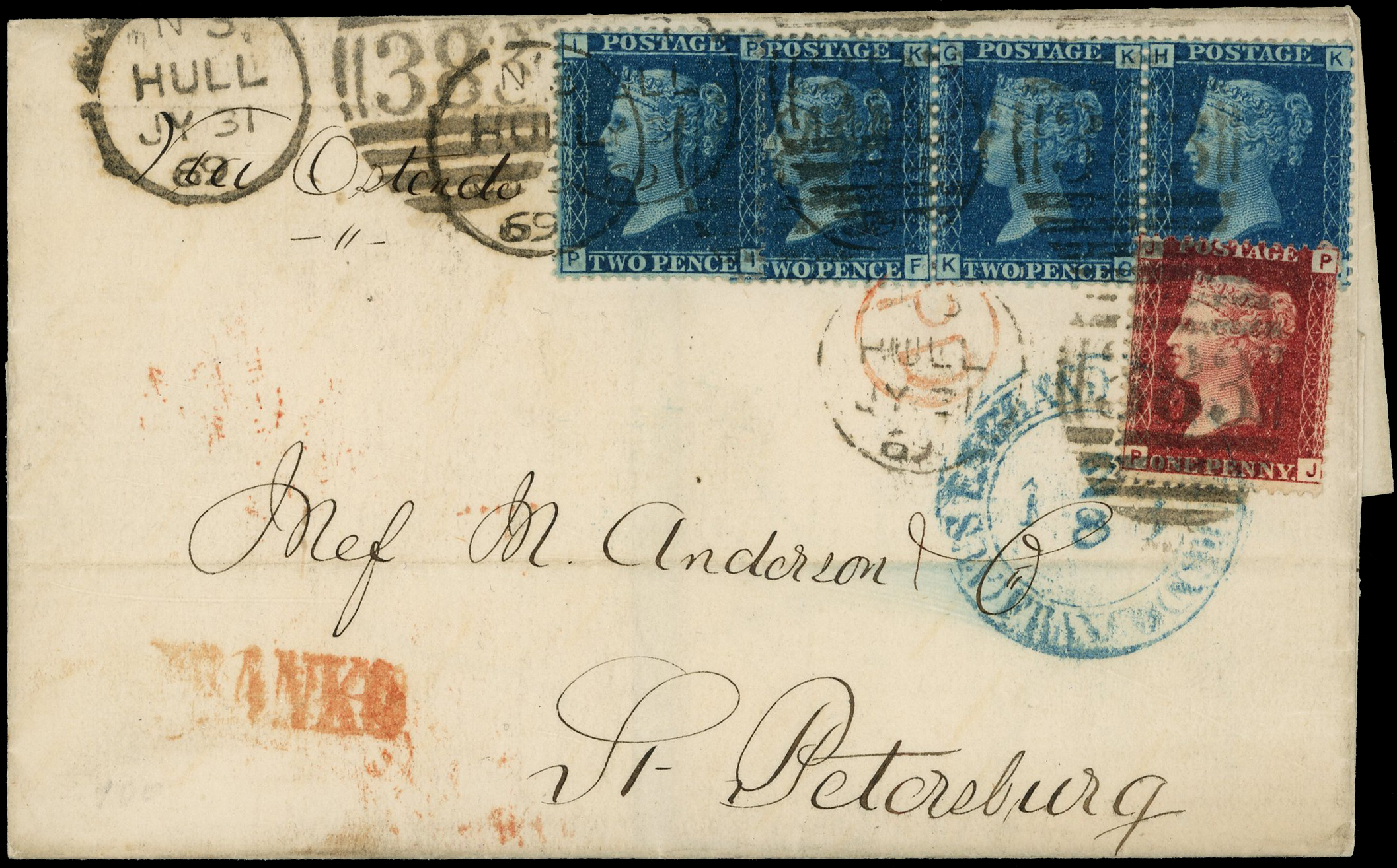 1869 (31 July) entire from Hull to St Petersburg, Russia