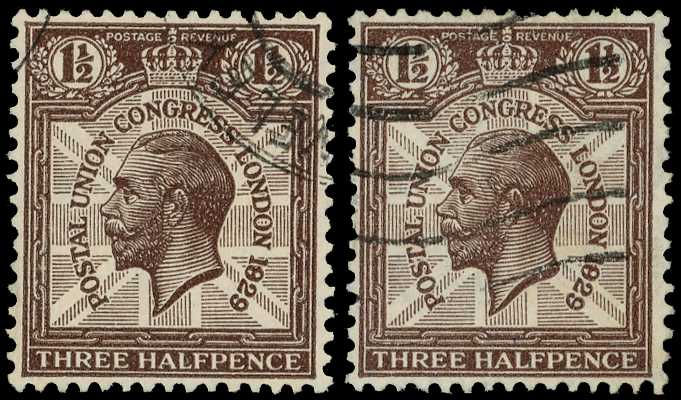 1929 PUC 1½d purple-brown, two used...