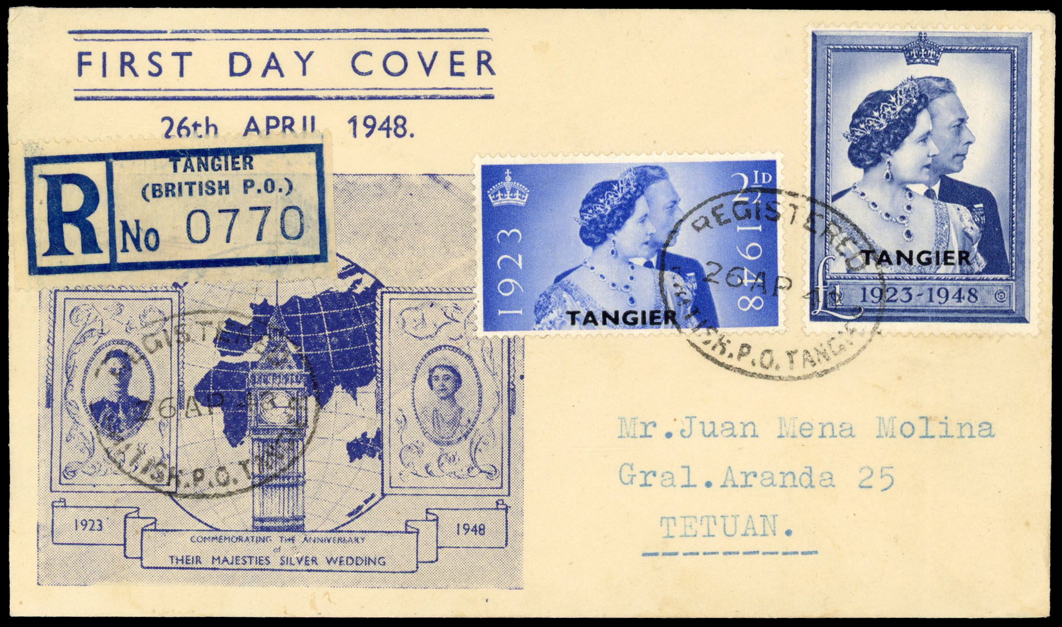 1948 (26 Apr) Royal Silver Wedding 2½d and £1 used on registered illustrated first day cover