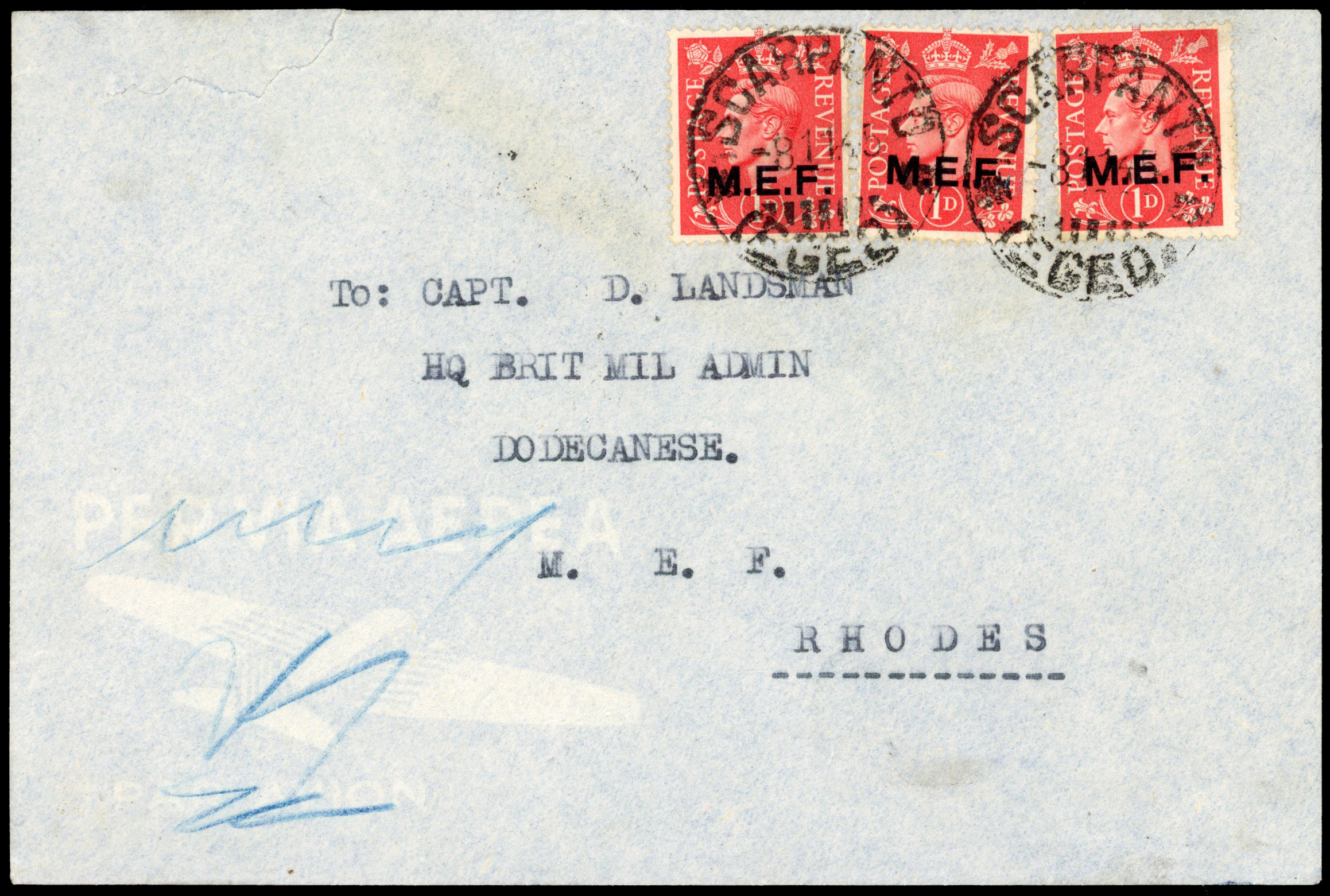 1945 cover to Rhodes franked 3 x 1d tied by rare ‘SCARPANTO/EGEO/8 11 45’cds. ADDED TO R2000893/29 