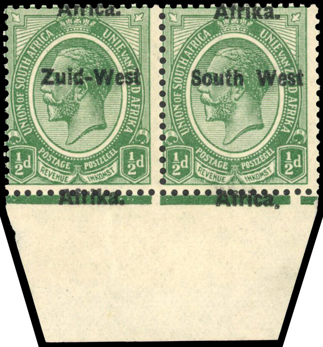 South West Africa 1923 ½d green pair with misplaced overprint
