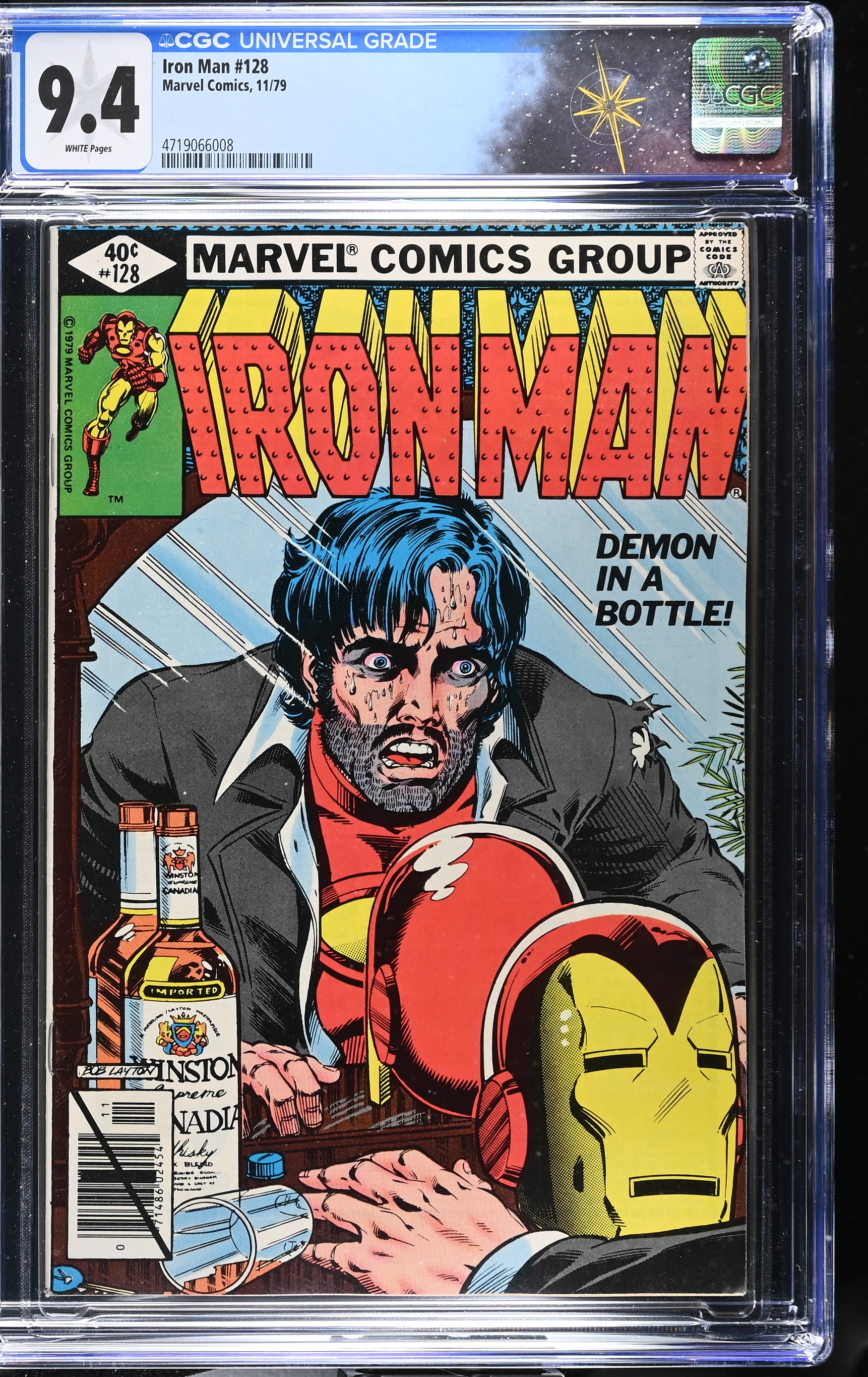 Iron Man #128 CGC 9.4 "Demon in a Bottle" Classic Cover Newsstand Edition (Marvel Comics, 1979) White Pages