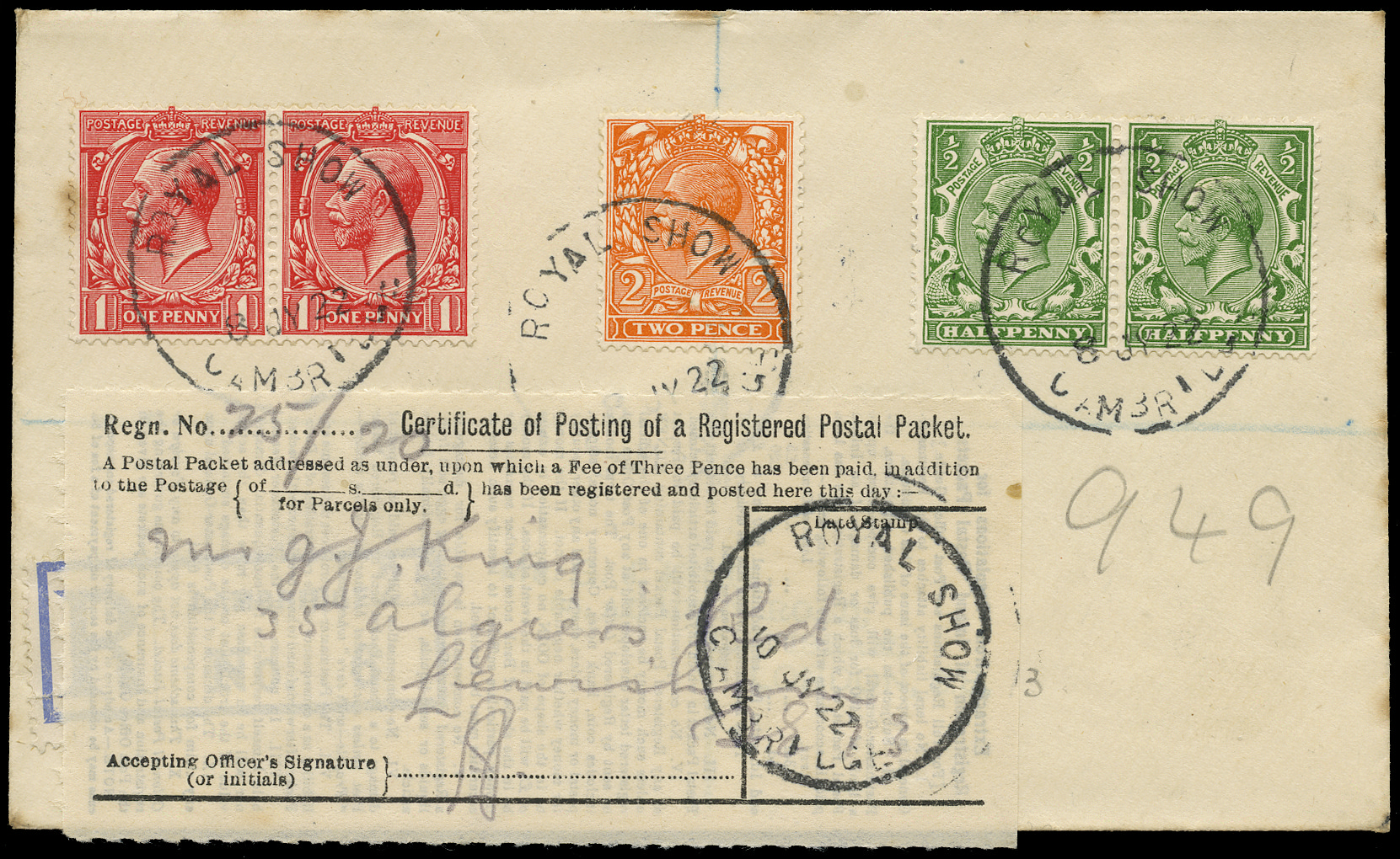 SG351,357,370 1922 Cambridge Royal Show cover