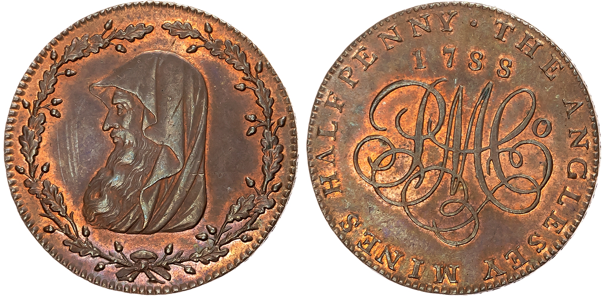 Ang . Amlwch , Parys Mines Co. Halfpenny 1788, Cowled druids head left within thin oaken wreath with 27 acorns, rev . PM …