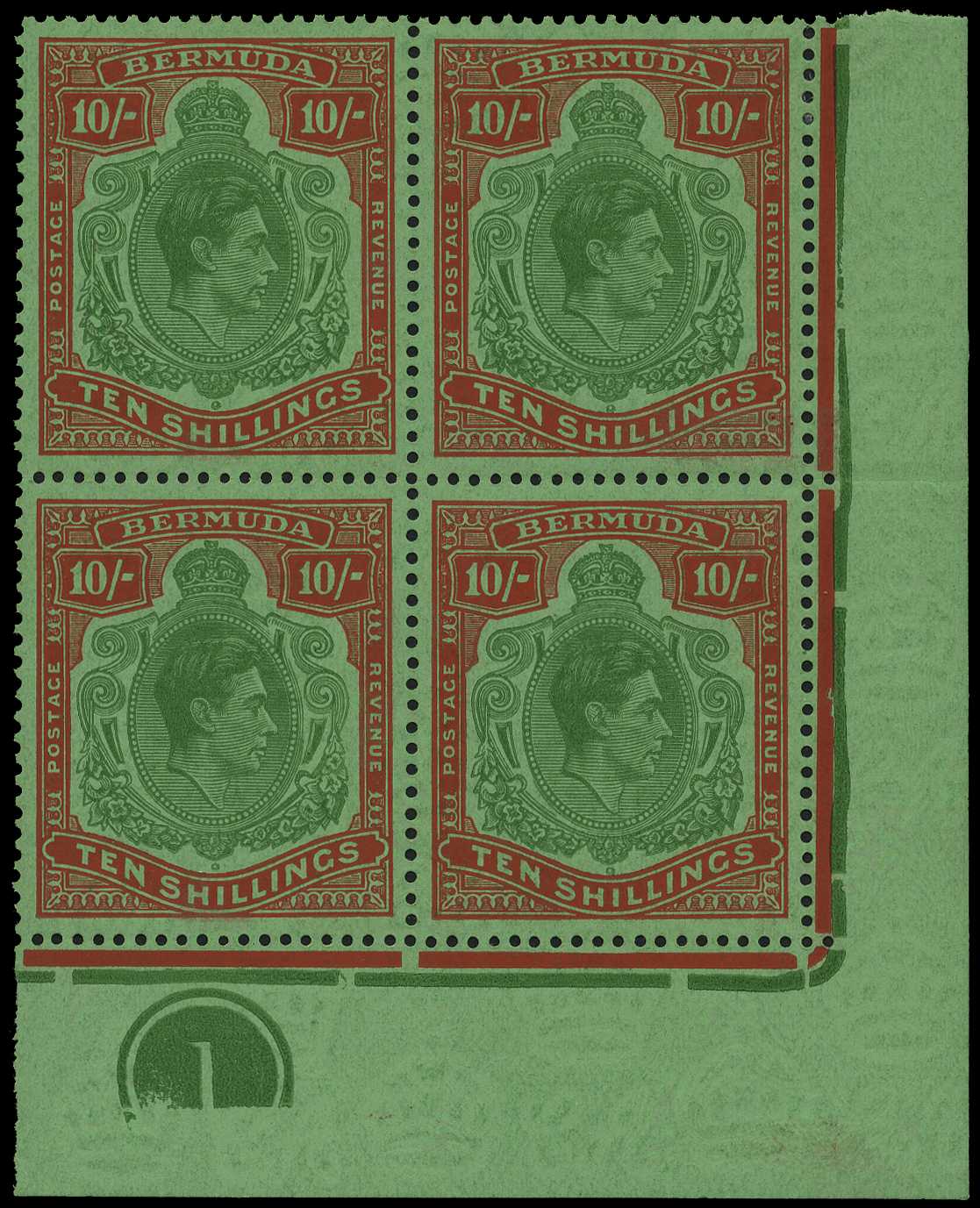 1953 (Jan.) 10/- green and dull red on...