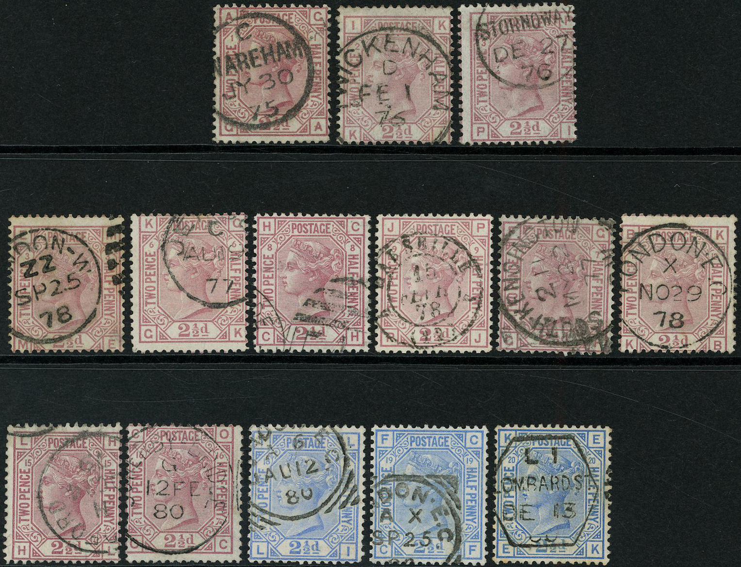 1875-80 2½d rosy-mauve & 2½d blue. Attractive used group consisting of Pl’s.1-3 (Wmk Anchor on white paper)