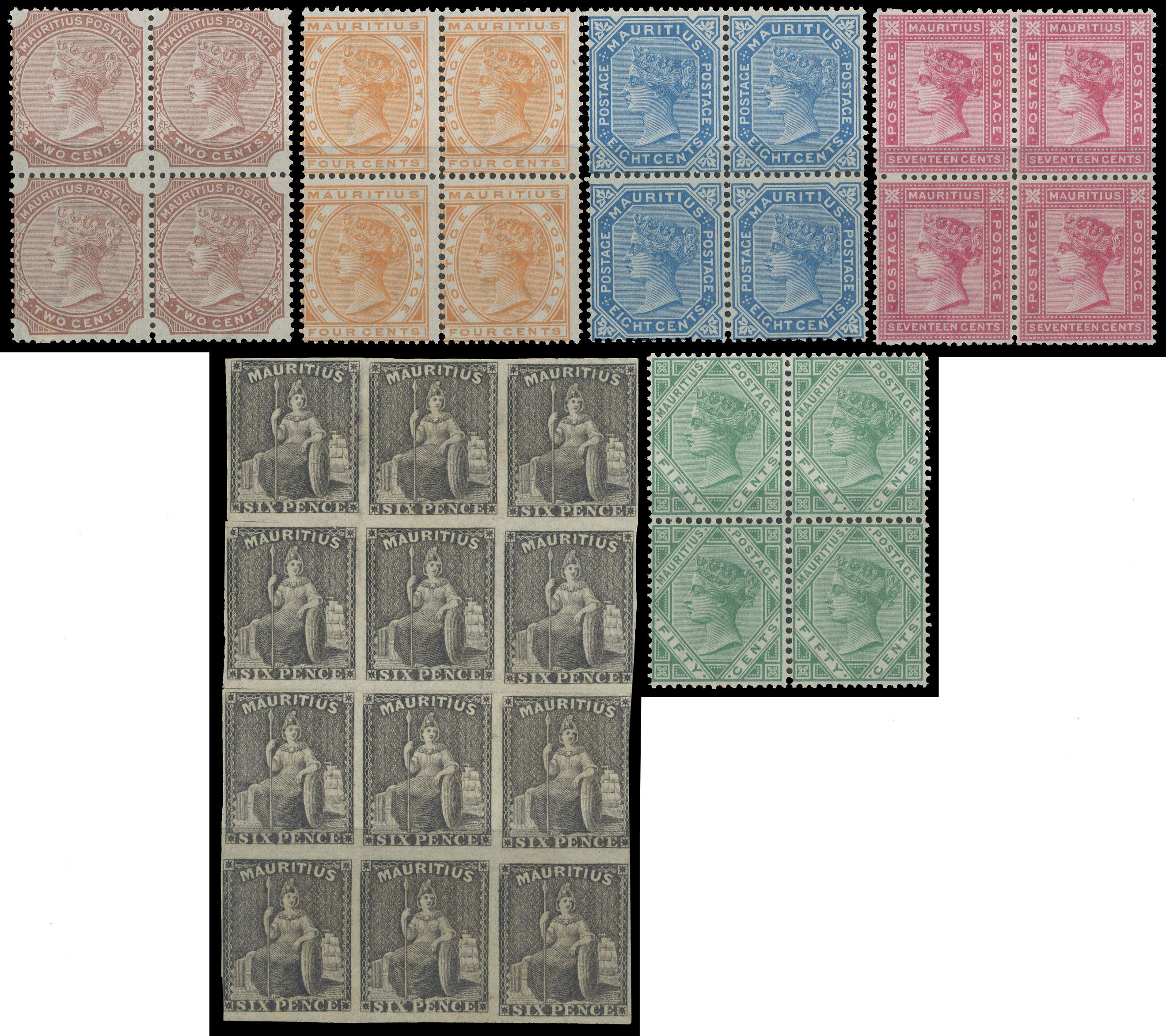 MAURITIUS: 1859 6d dull purple-slate block of 12 (3x4) hinged on top central stamp, some splitting otherwise unmounted o.g.
