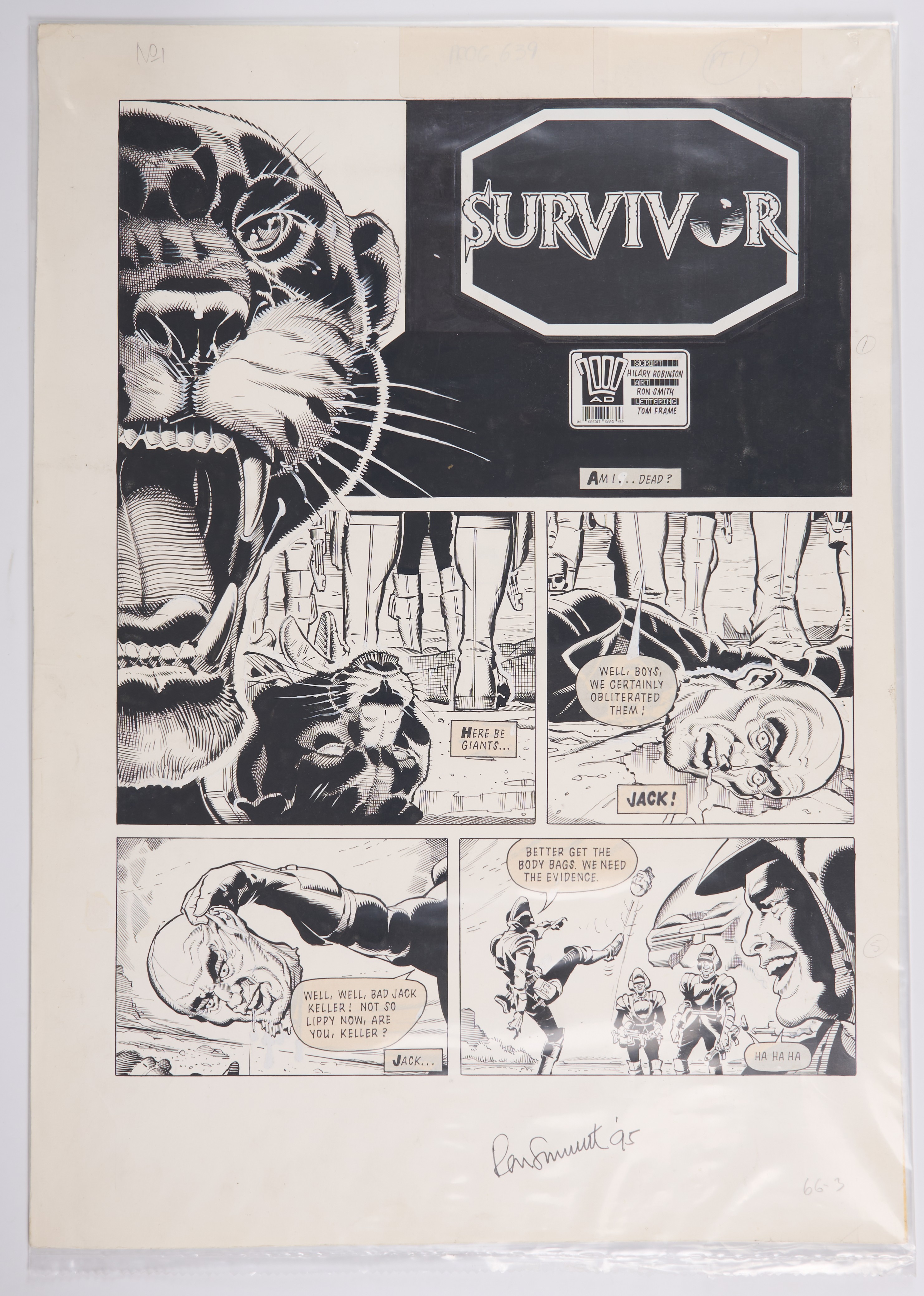 Ron Smith 2000 AD Prog #639 and #640 Survivor Story Pages Signed (Fleetway, 1989) Total 3