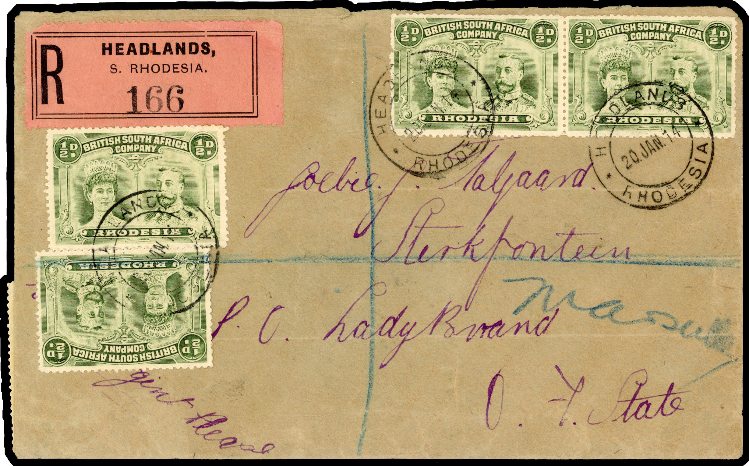 Rhodesia 1914 registered cover franked by 1910-13 ½d emerald-green