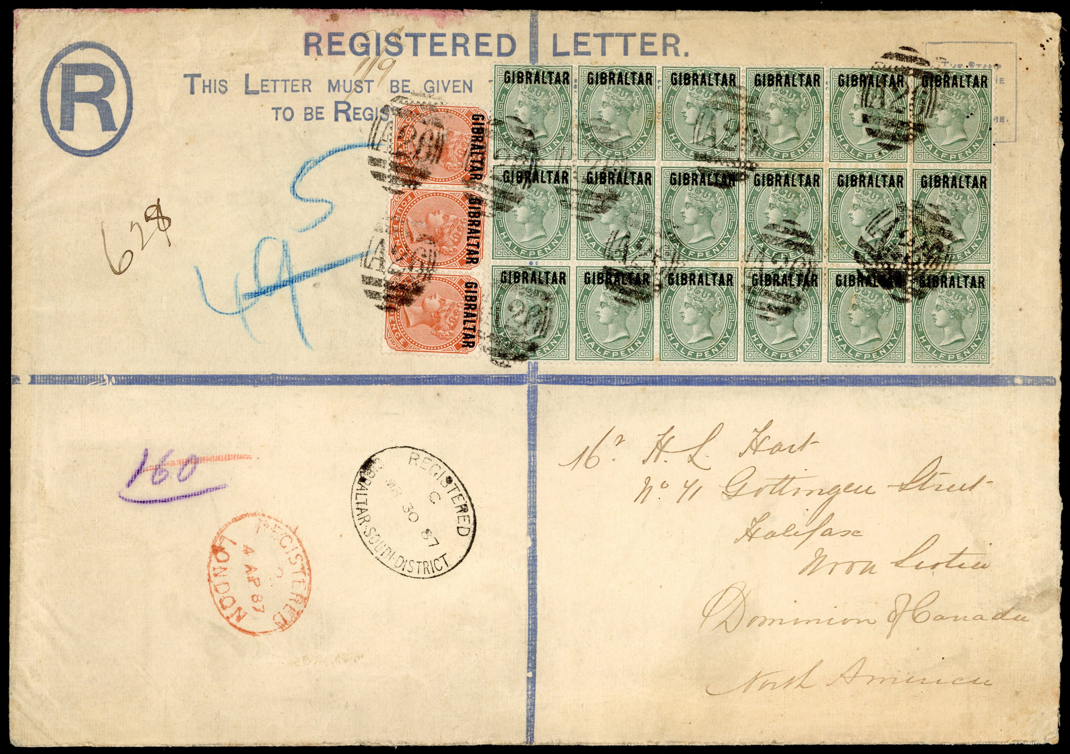 Gibraltar 1887 registered postal stationery envelope to Nova Scotia