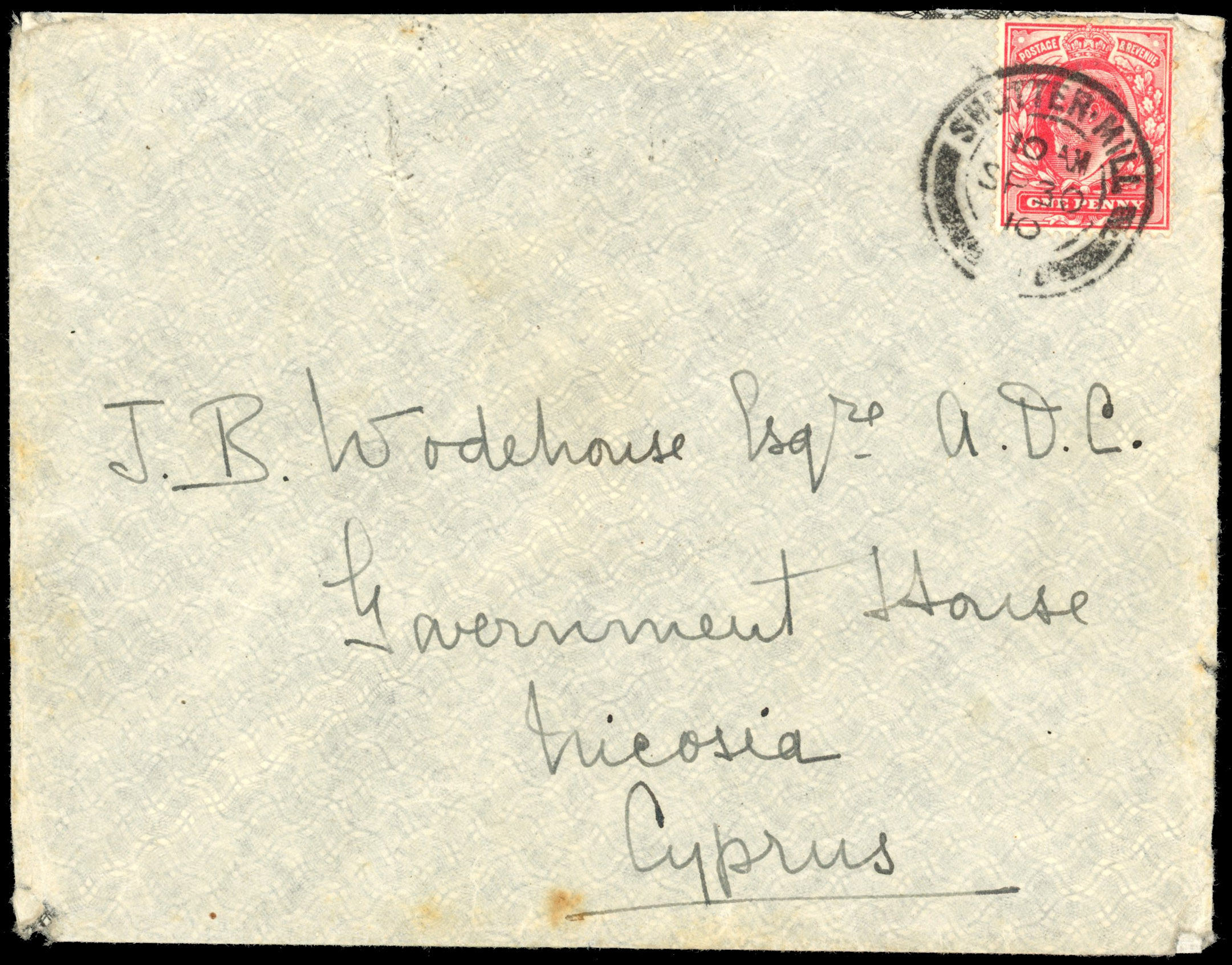 CYPRUS: 1910 incoming cover from UK to Nicosia franked 1d tied Shutter Mill cds ‘SP 30 10’ cds with “SEA POST OFFICE