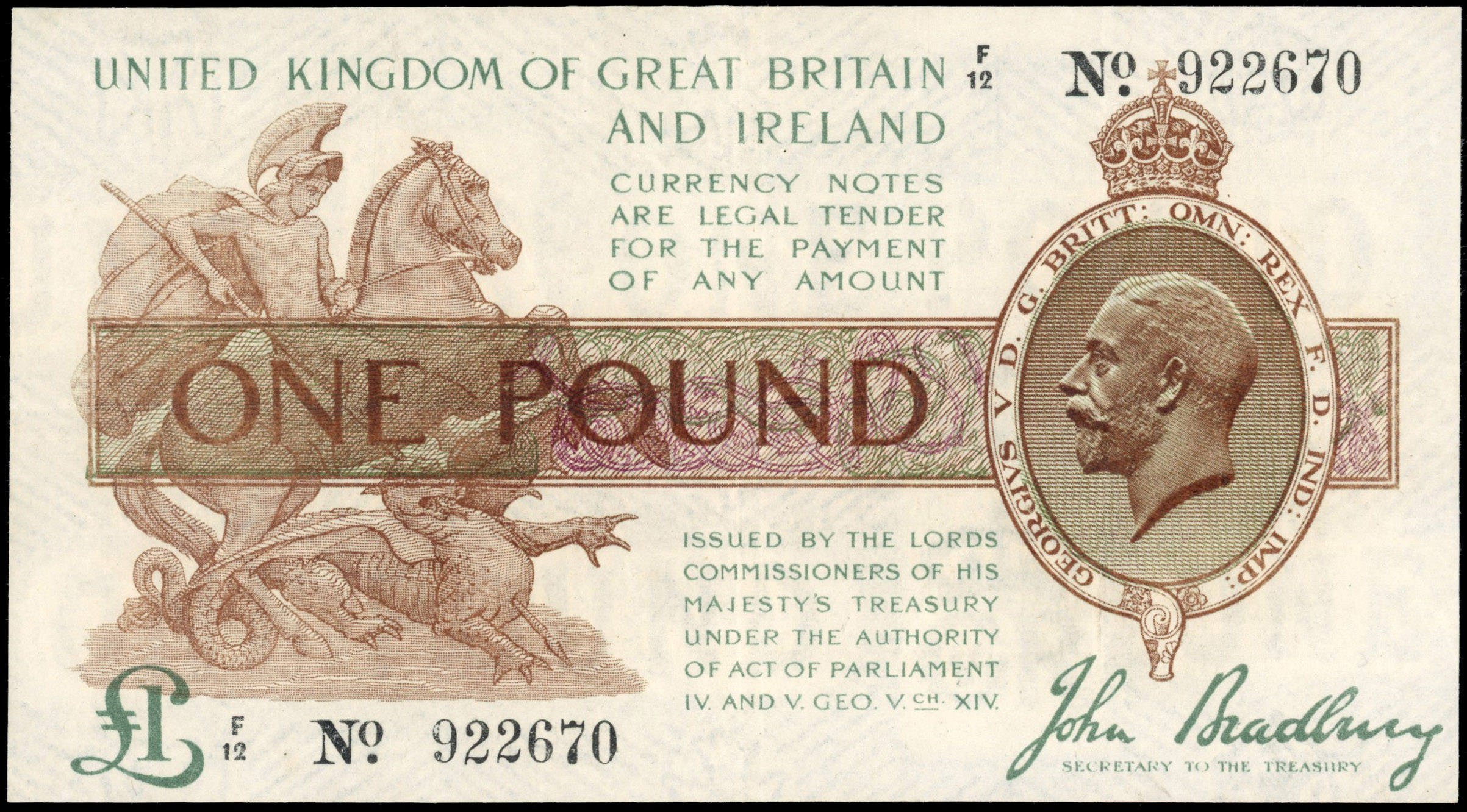 Third Issue, J. Bradbury, (third issue), One Pound, 1917-19, F/12 922670, (Dugg. T16). Very slight trace of a …