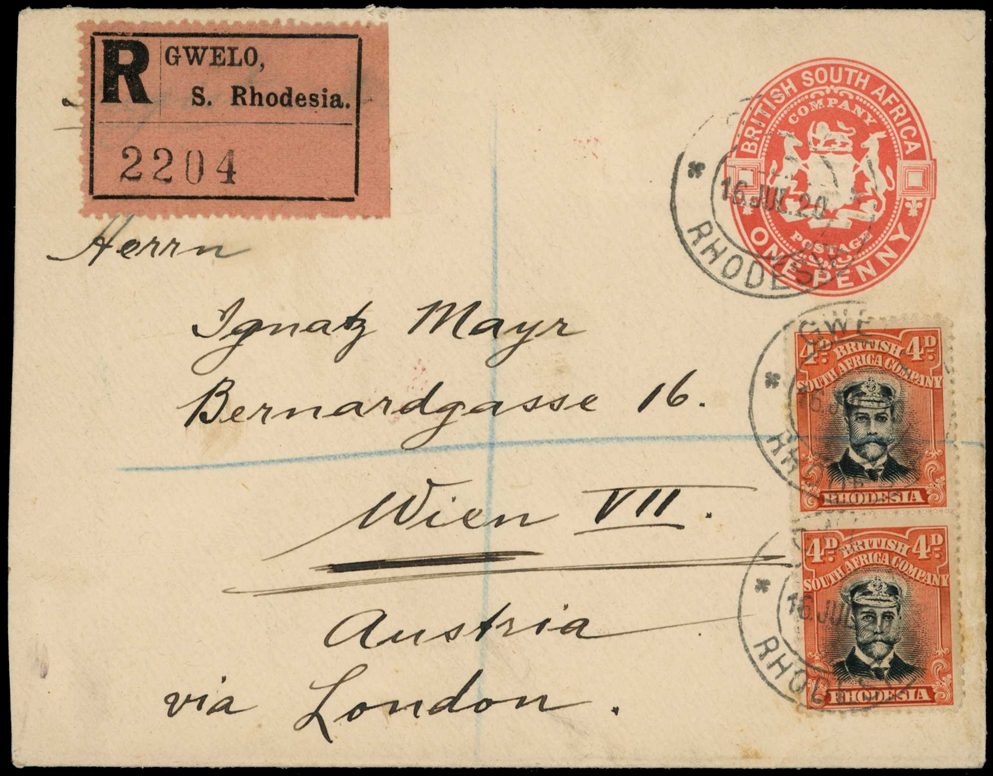 Usages. 1920 BASC 1d postal stationery...