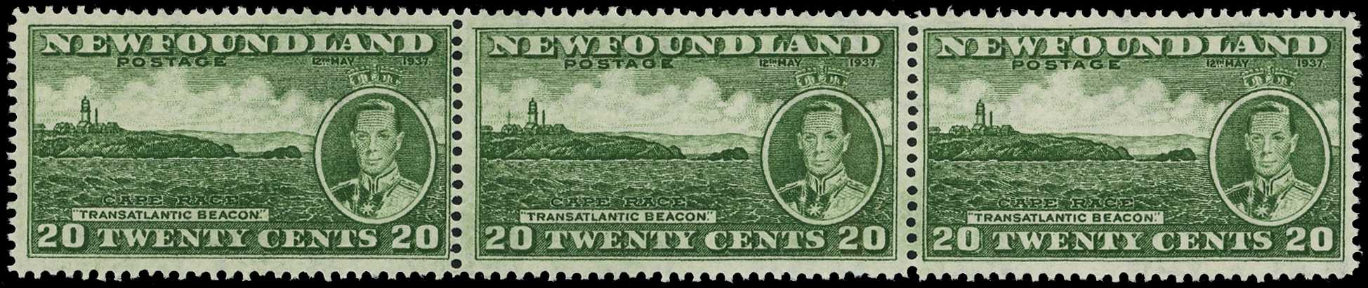 1937 Coronation 20c perf 13¾ horizontal strip of three, large part o.g., centre stamp R6/5 'extra chimney'. SG 264e, ec,...