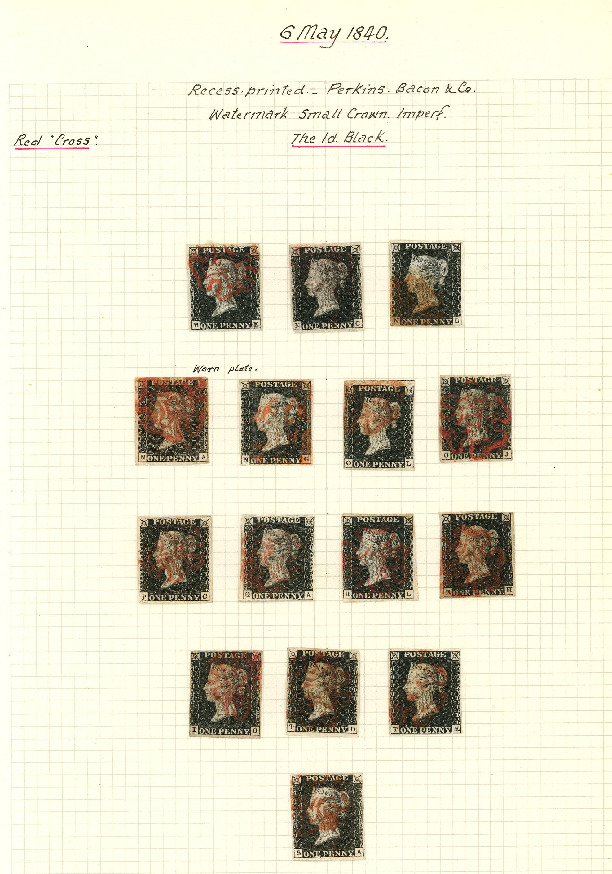 1840 1d black, unplated range of...