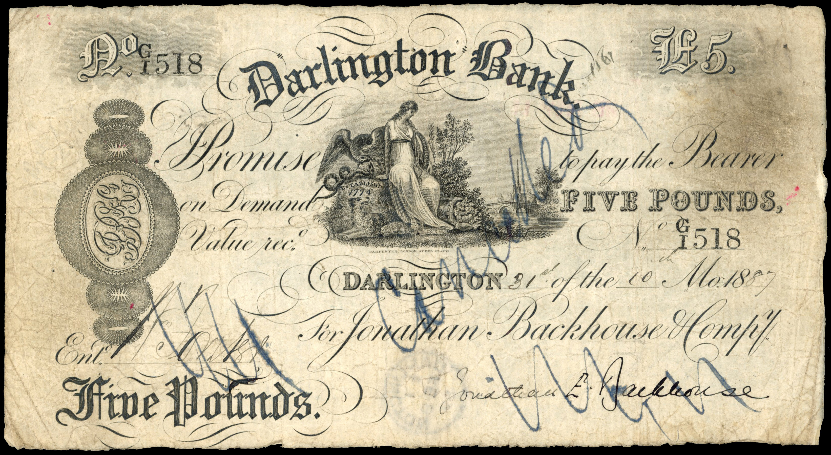 DARLINGTON, Darlington Bank for Jonathan Backhouse & Co., £5.,1887, signed J E Backhouse, serial no. G/I 518. …