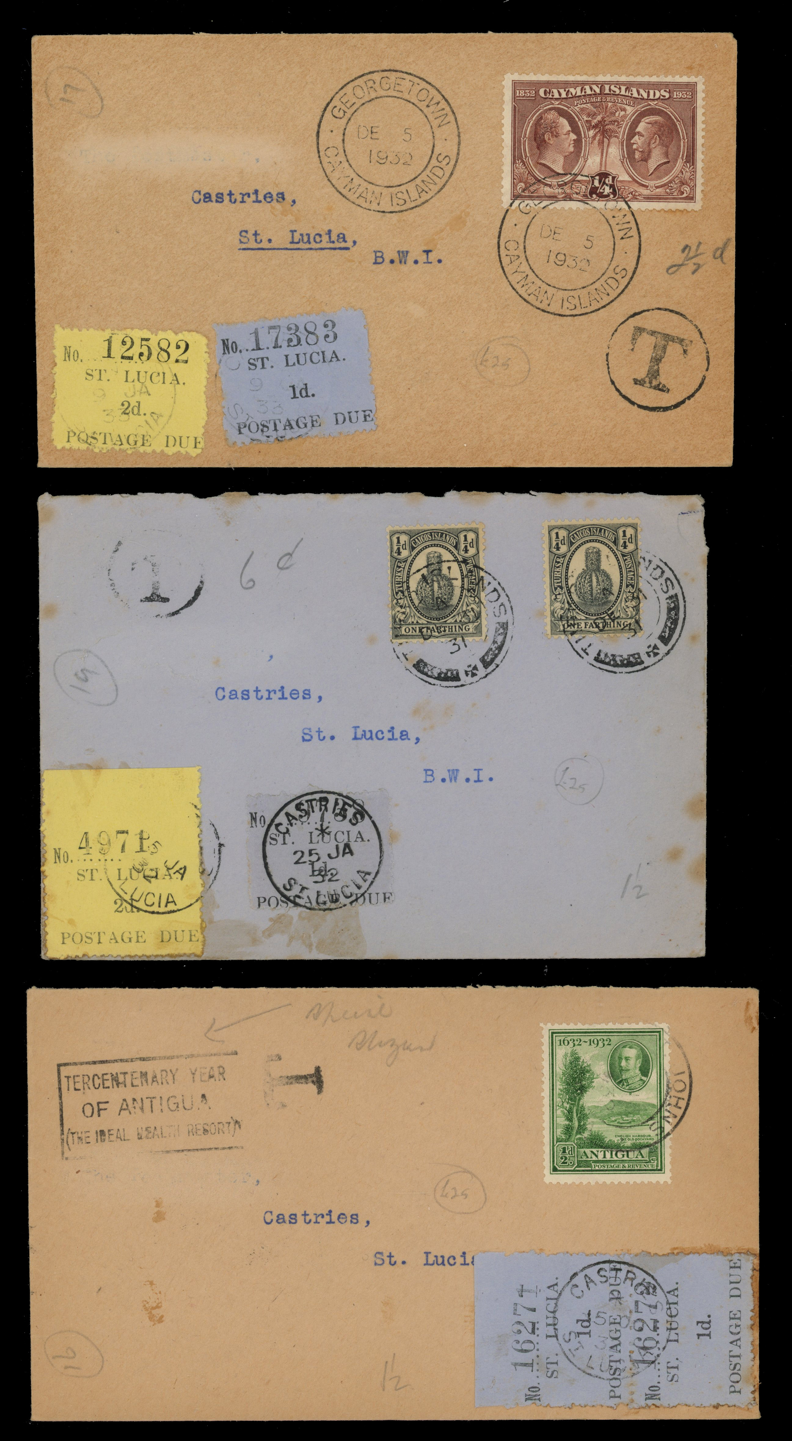 Saint Lucia 1932 incoming covers with postage dues