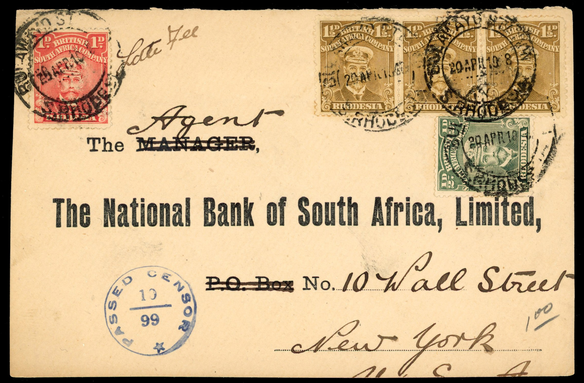 Rhodesia 1919 front to New York with Admiral 1d added to pay Late Fee