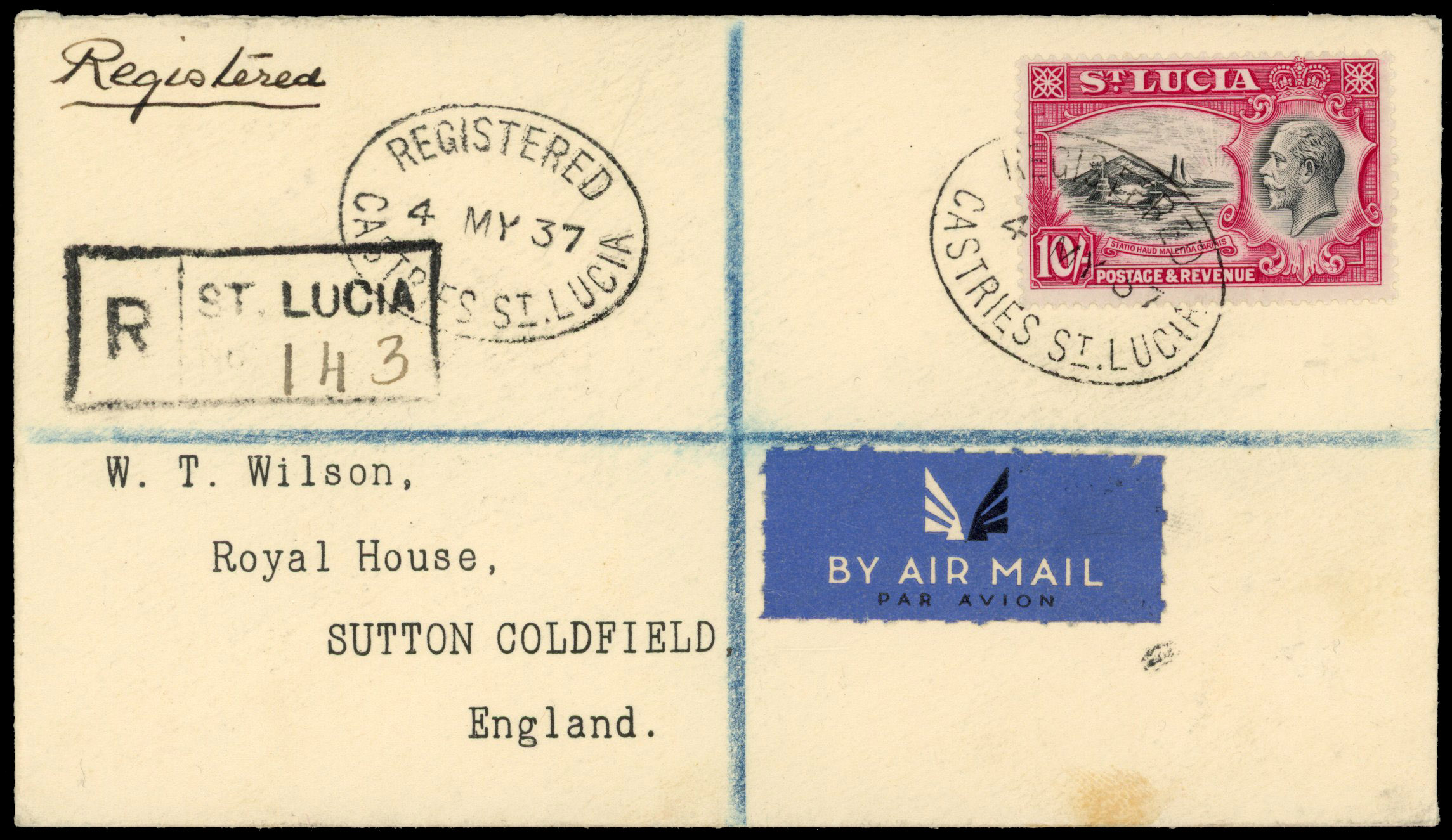 St Lucia 1937 registered Wilson cover to England
