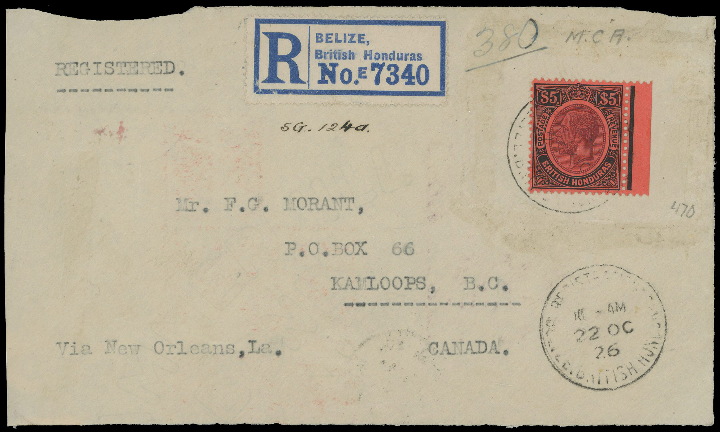 British Honduras 1926 registered front to Canada