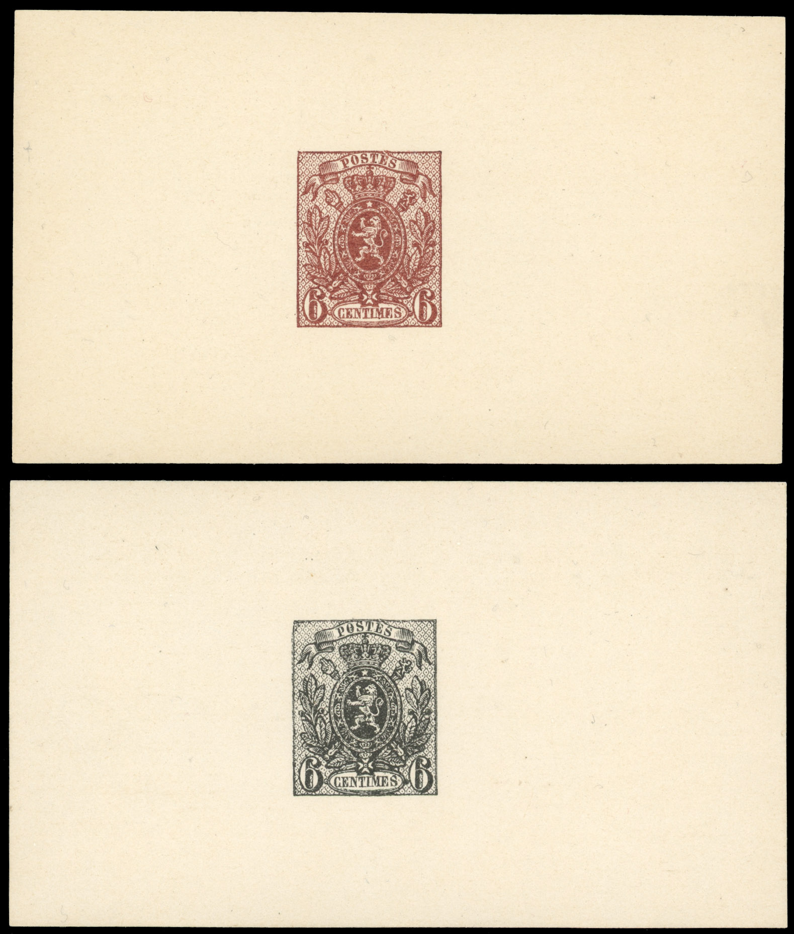 Belgium 1866-67 Arms 6c proofs in similar to issued design