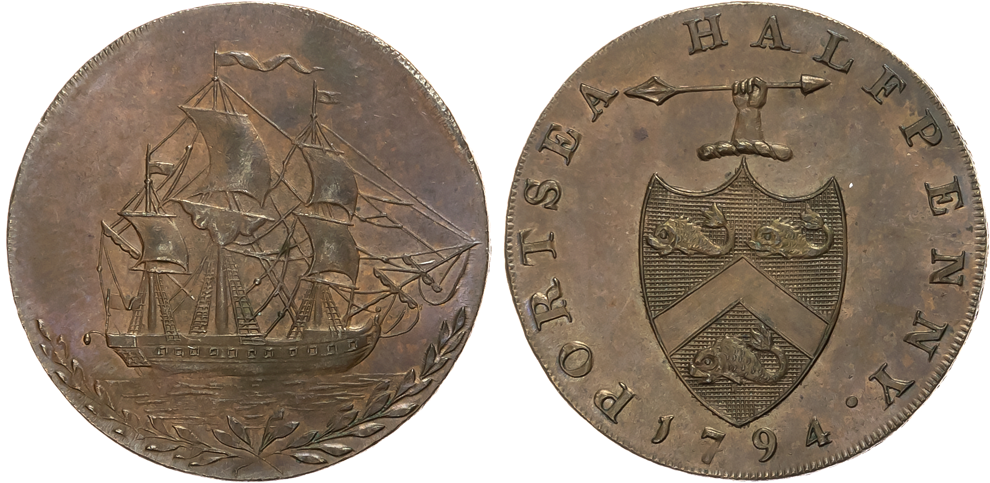 Hants . Portsea , George Sargeant (slop-seller) Halfpenny 1794, warship sailing right in laurel wreath, rev. family arms …