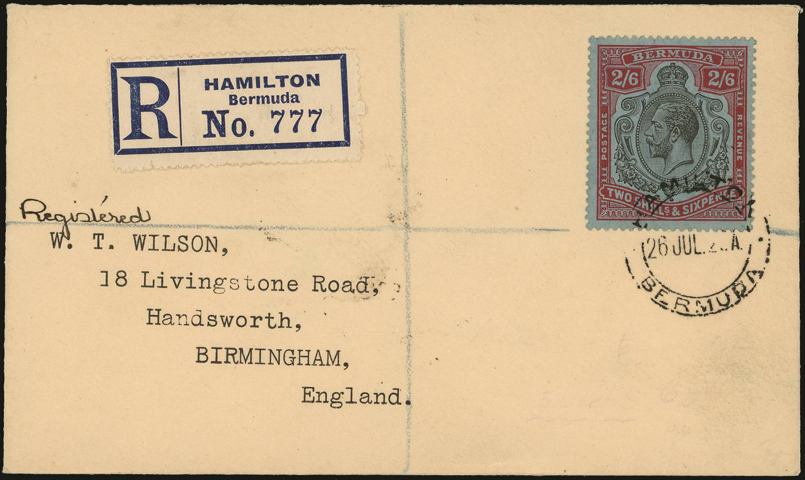 BERMUDA SG 89 1928 REG WILSON COVER WITH 1924-32 2s6d