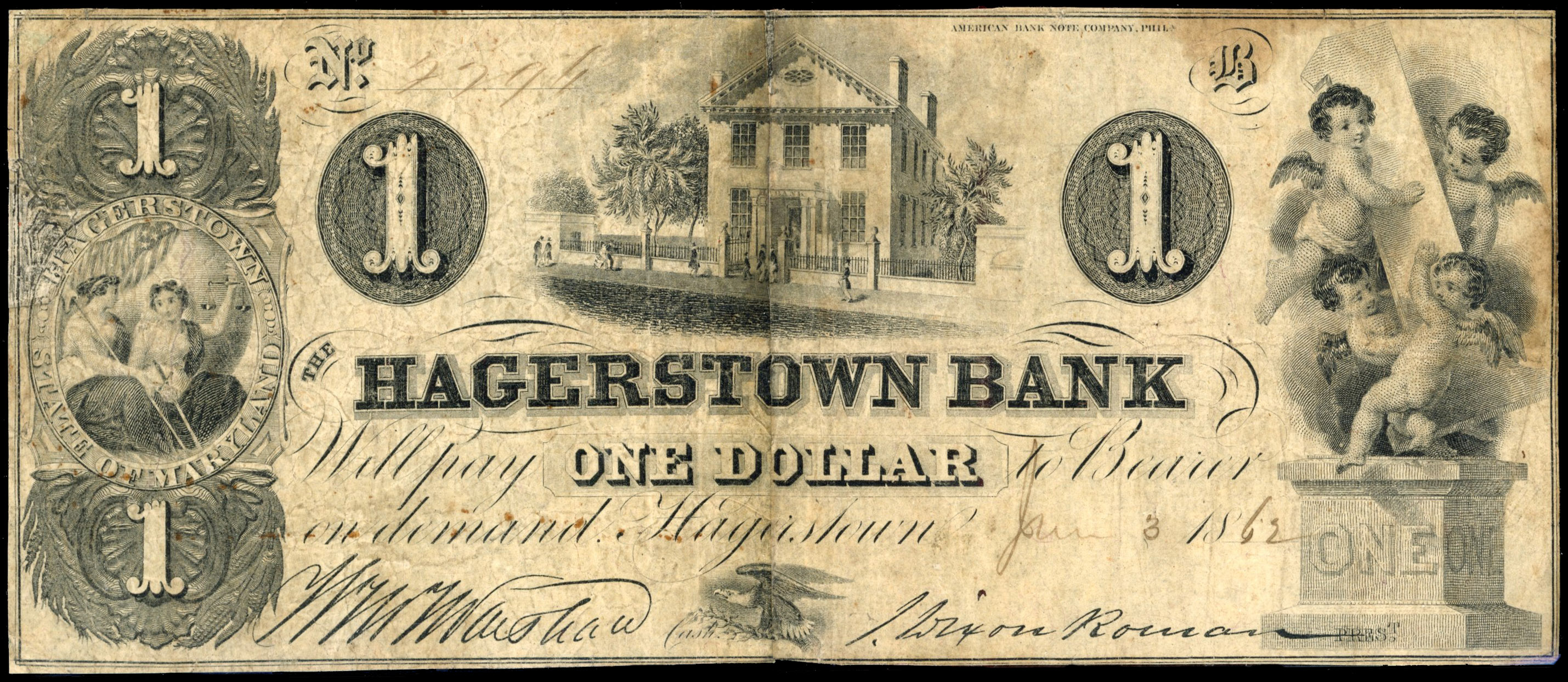 USA, MD. Hagerstown, Hagerstown Bank Uniface One Dollar, 3 Jun. 1862. About Very Fine.…