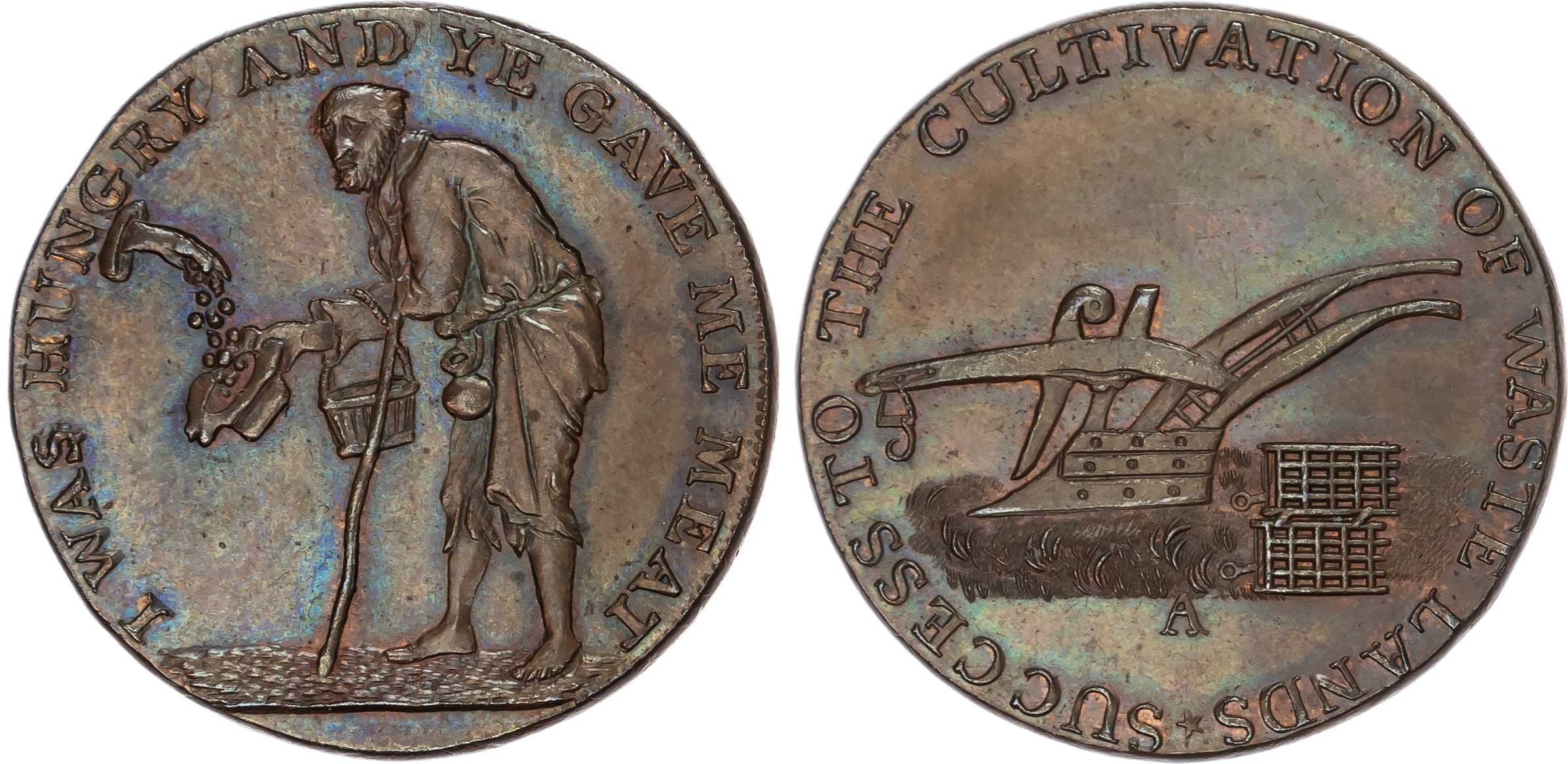 Glos. Badminton , David Arnot and John Jelly (Kempson mule) Halfpenny undated, Plough and harrow, rev. Beggar …