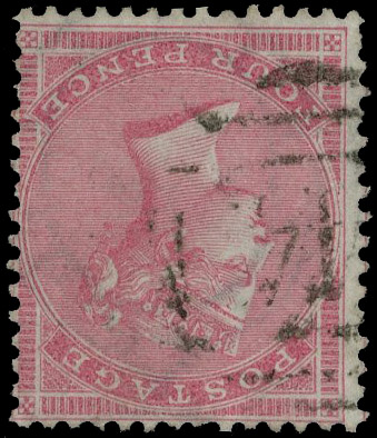 1856 4d Rose (Wmk. Medium garter inverted) Fine used example of this rare watermark variety lightly cancelled by a light…