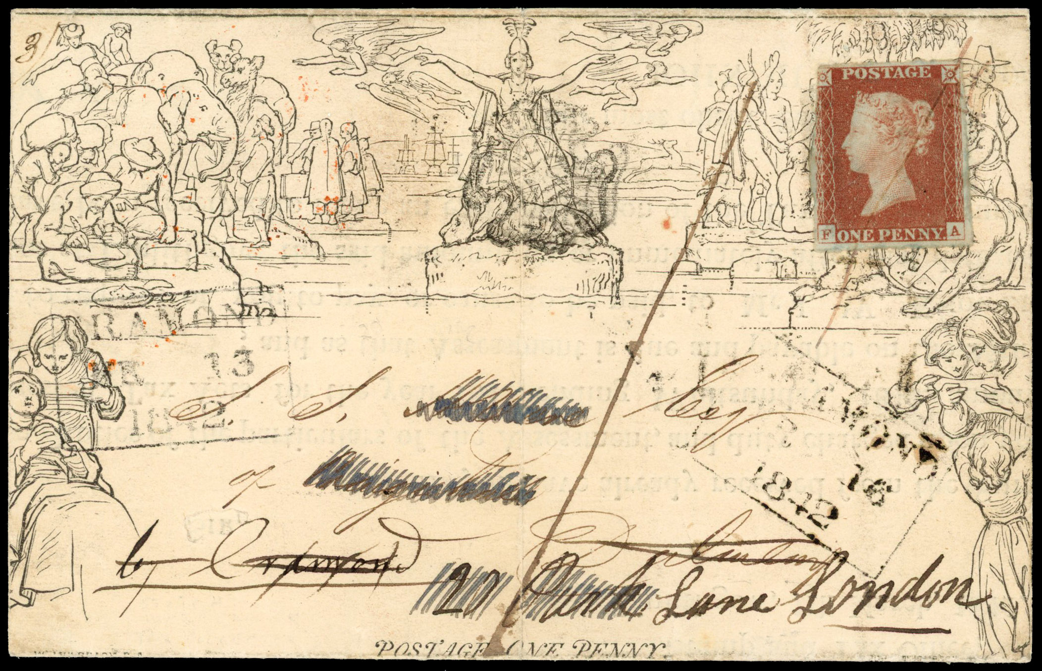 1840 1d Mulready lettersheet. sent, readdressed and uprated with 1d Red-brown