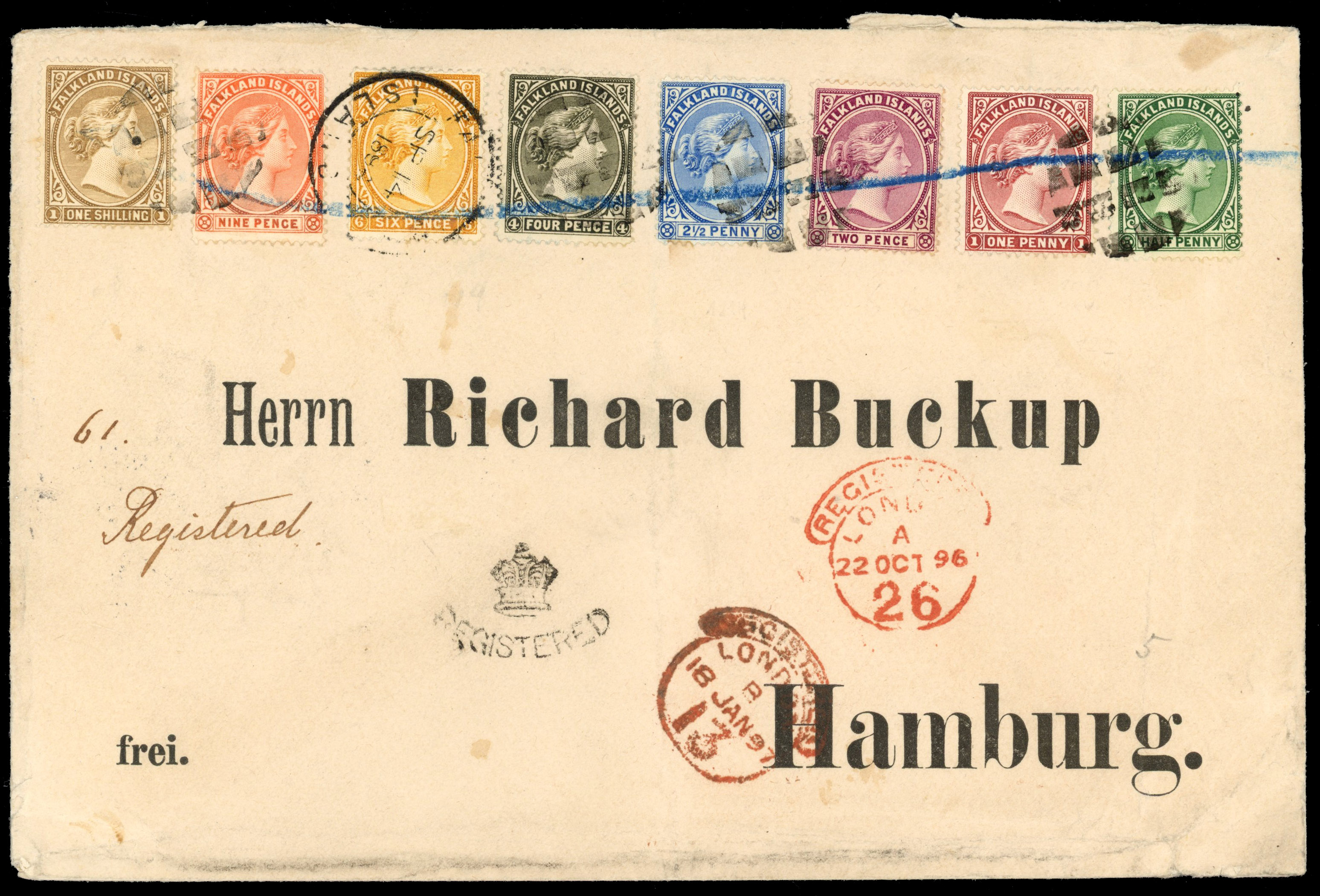 † Falkland Islands SG 17/38 1891 set on cover to Germany sent back & forth twice!