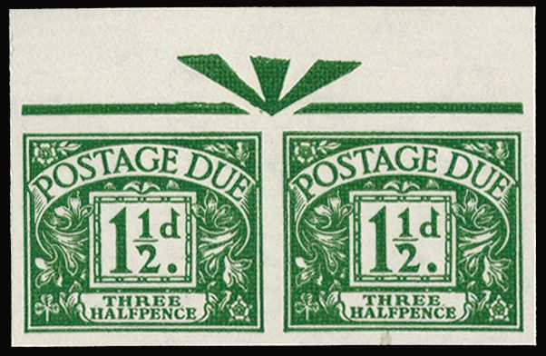GB 1960 1½d green Postage Due imperforate imprimatur pair, each with a "BPMA" handstamp on reverse