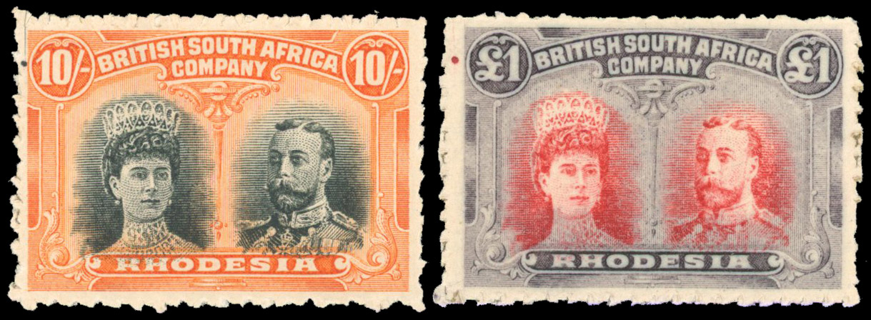 Rhodesia 1910-13 Clandestine roulettes 10s, £1 with printer's mark