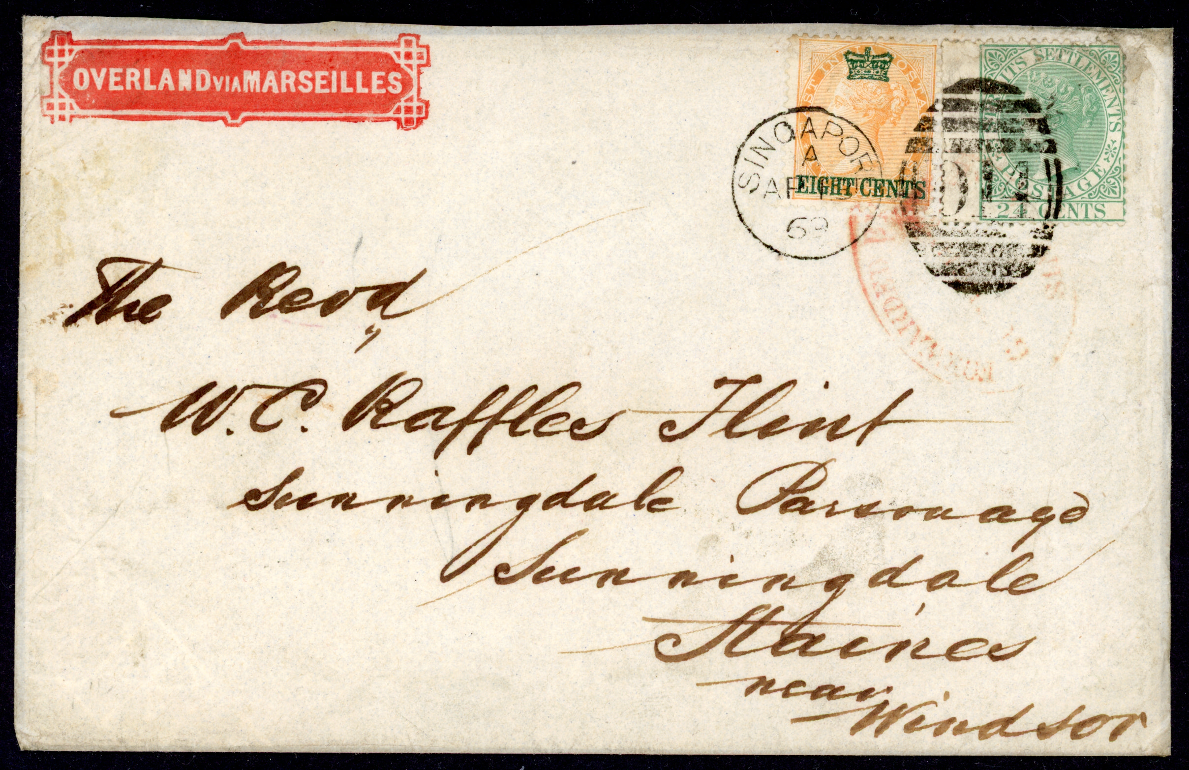 Straits Settlements SG 6, 16 1869 cover from Singapore to The Reverend W.C. Raffles Flint, England