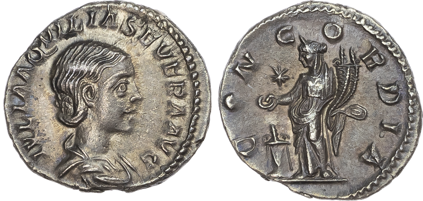 Aquilia Severa, Second wife of Elagabalus (AD 220-222) AR Denarius, Rome, 2.72g. 